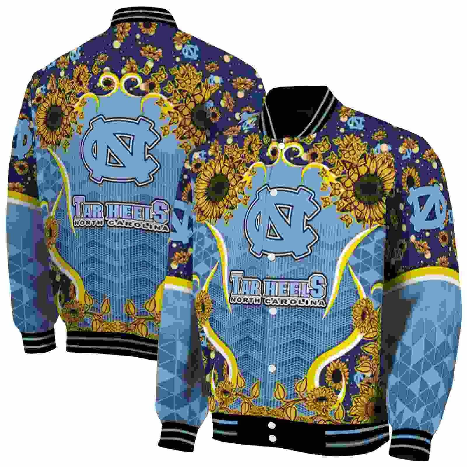 NcaaNorth Carolina Tar Heels SuNFL ower Bloom Light Blue Yellow Custom Baseball Jacket Sport Fans Gear