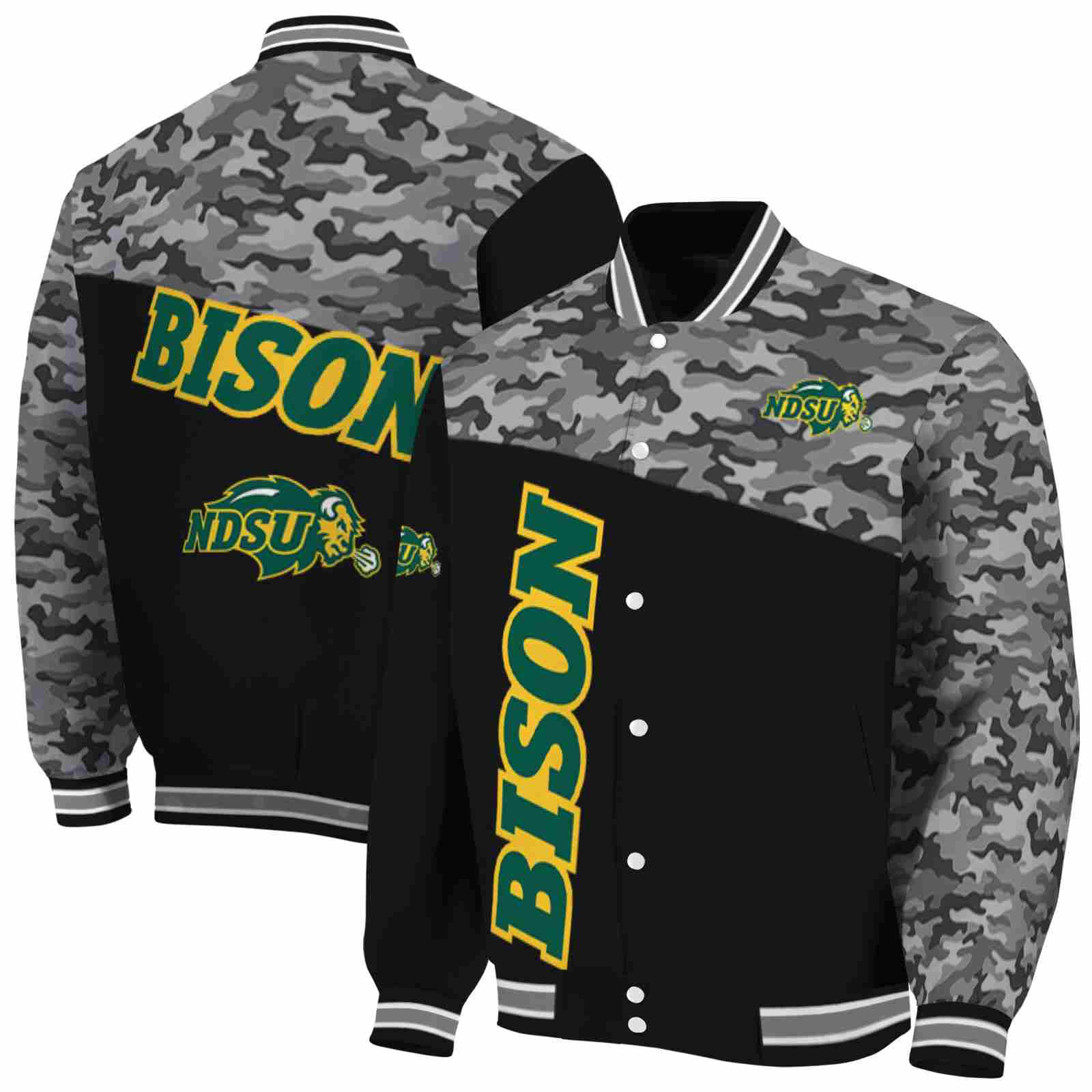 NcaaNorth Dakota State Bison Camo Patchwork Black Custom Baseball Jacket Sport Fans Gear