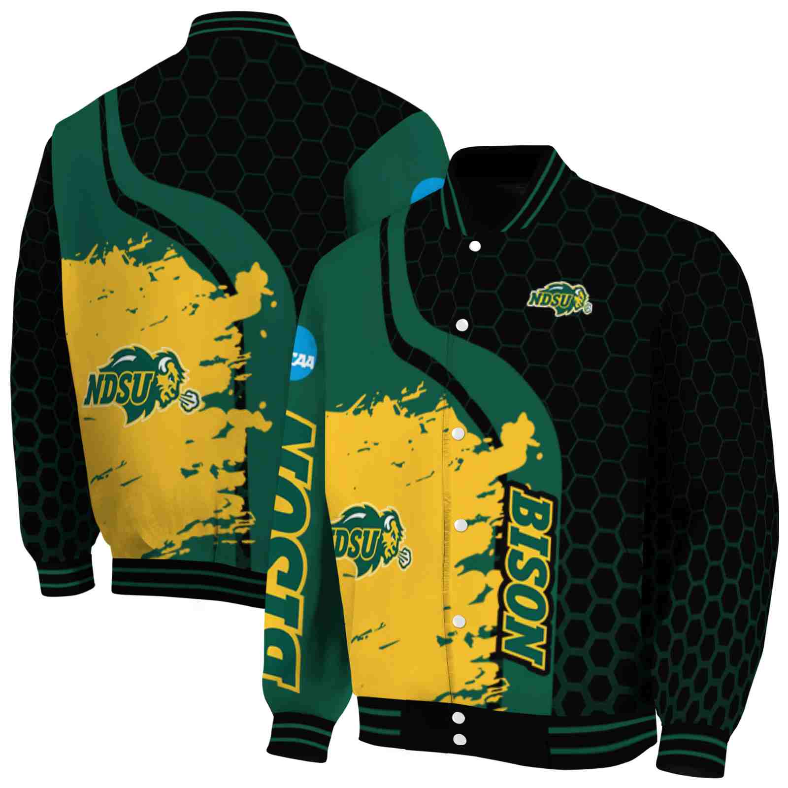 NcaaNorth Dakota State Bison Hexagonal Pattern Green Black Custom Baseball Jacket Sport Fans Gear