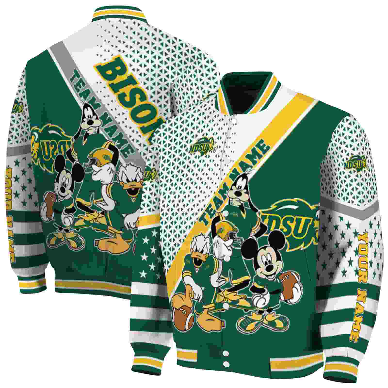 NcaaNorth Dakota State Bison Mickey Donald Goofy Green White Custom Baseball Jacket Sport Fans Gear