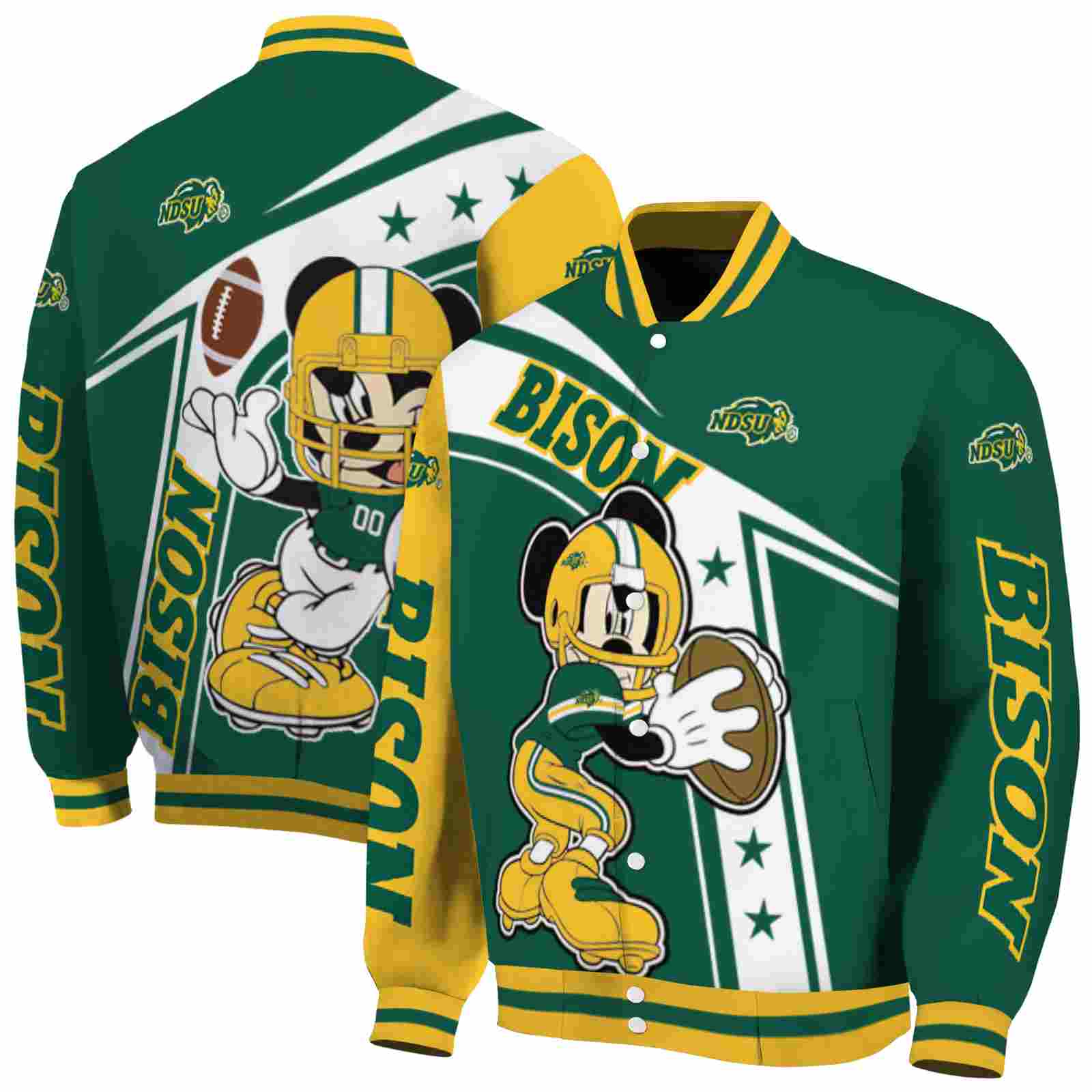NcaaNorth Dakota State Bison Mickey Football Green White Custom Baseball Jacket Sport Fans Gear