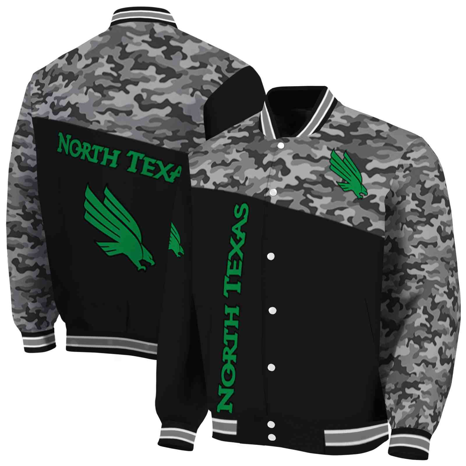 NcaaNorth Texas Mean Green Camo Patchwork Black Custom Baseball Jacket Sport Fans Gear