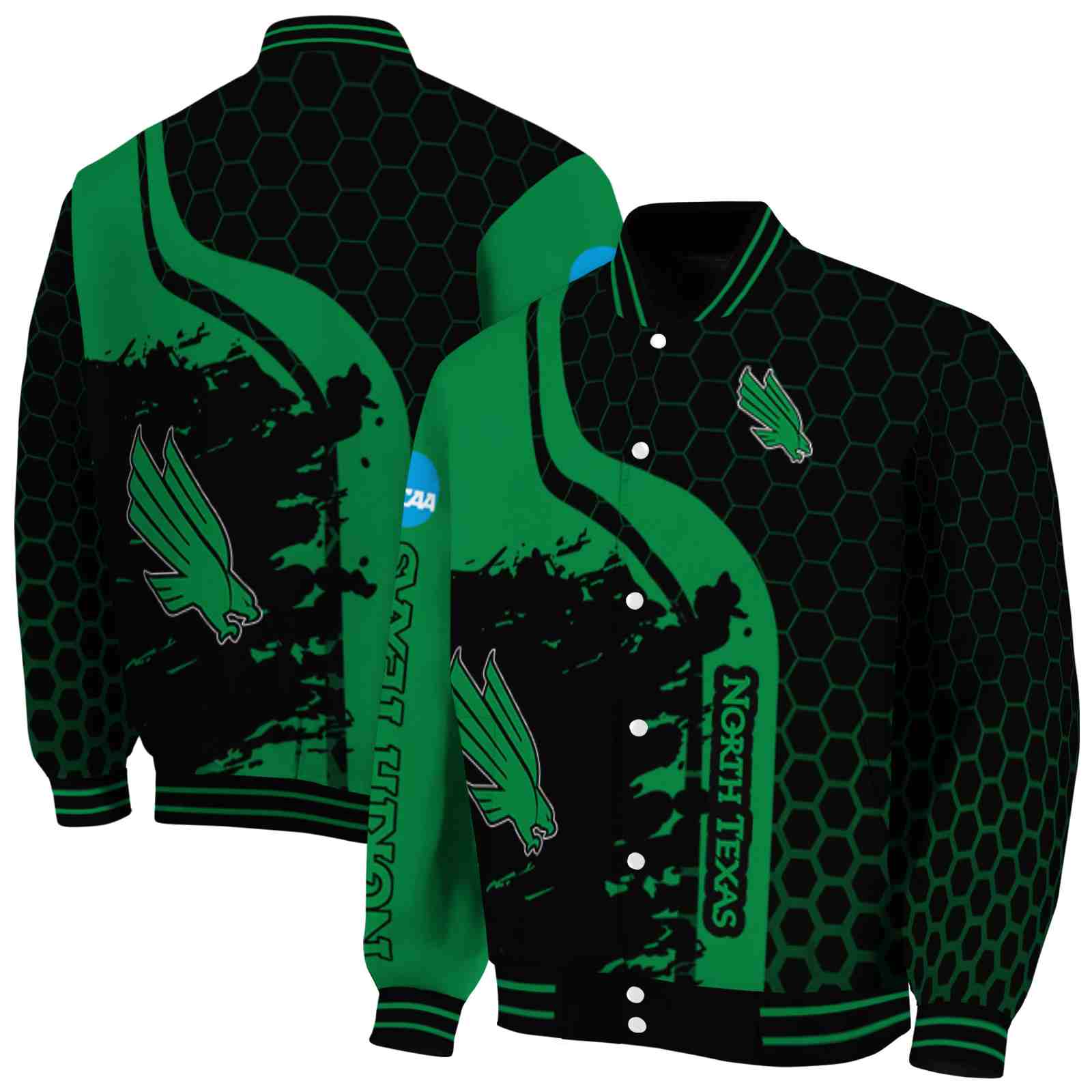 NcaaNorth Texas Mean Green Hexagonal Pattern Green Black Custom Baseball Jacket Sport Fans Gear