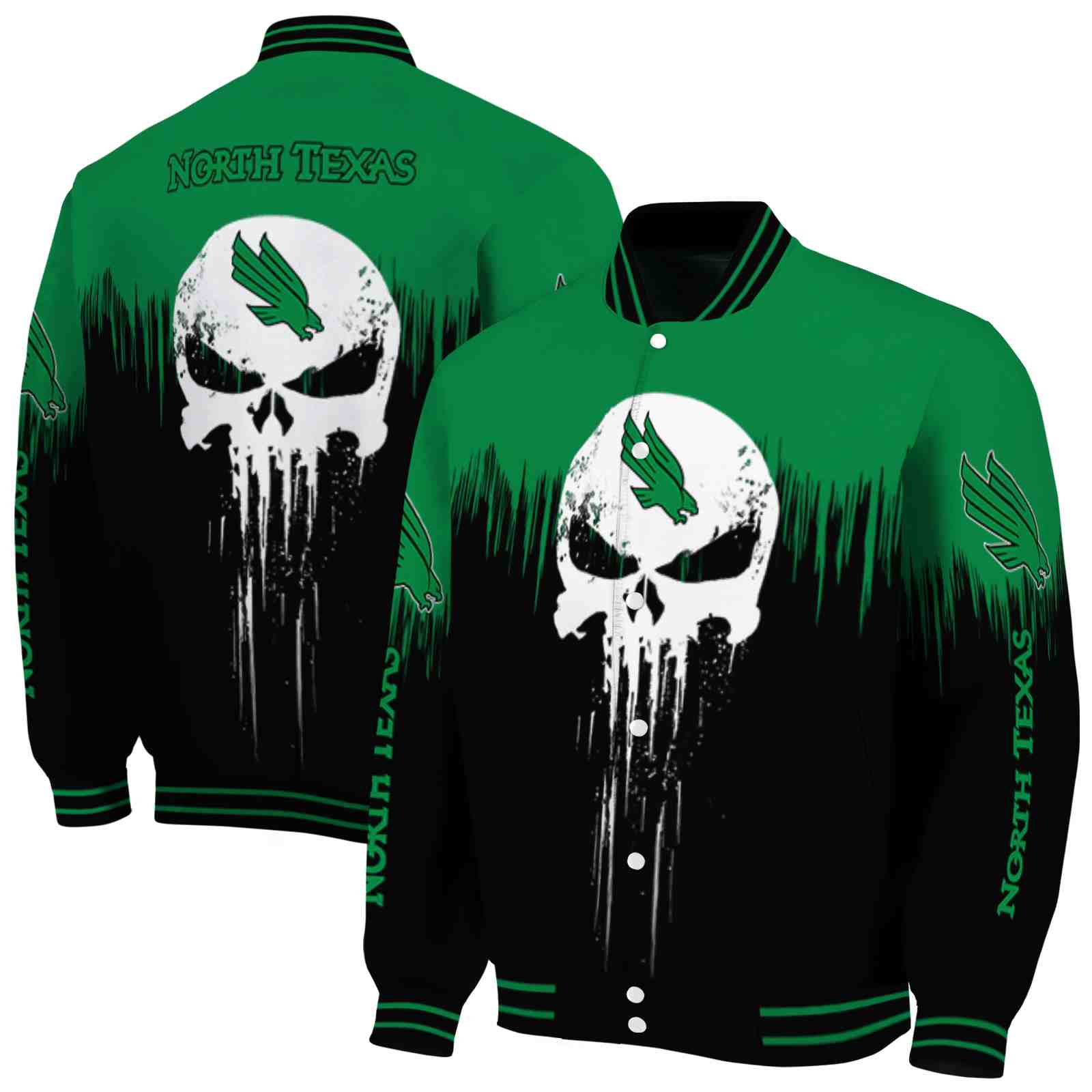 NcaaNorth Texas Mean Green Punisher Skull Green Black White Custom Baseball Jacket Sport Fans Gear