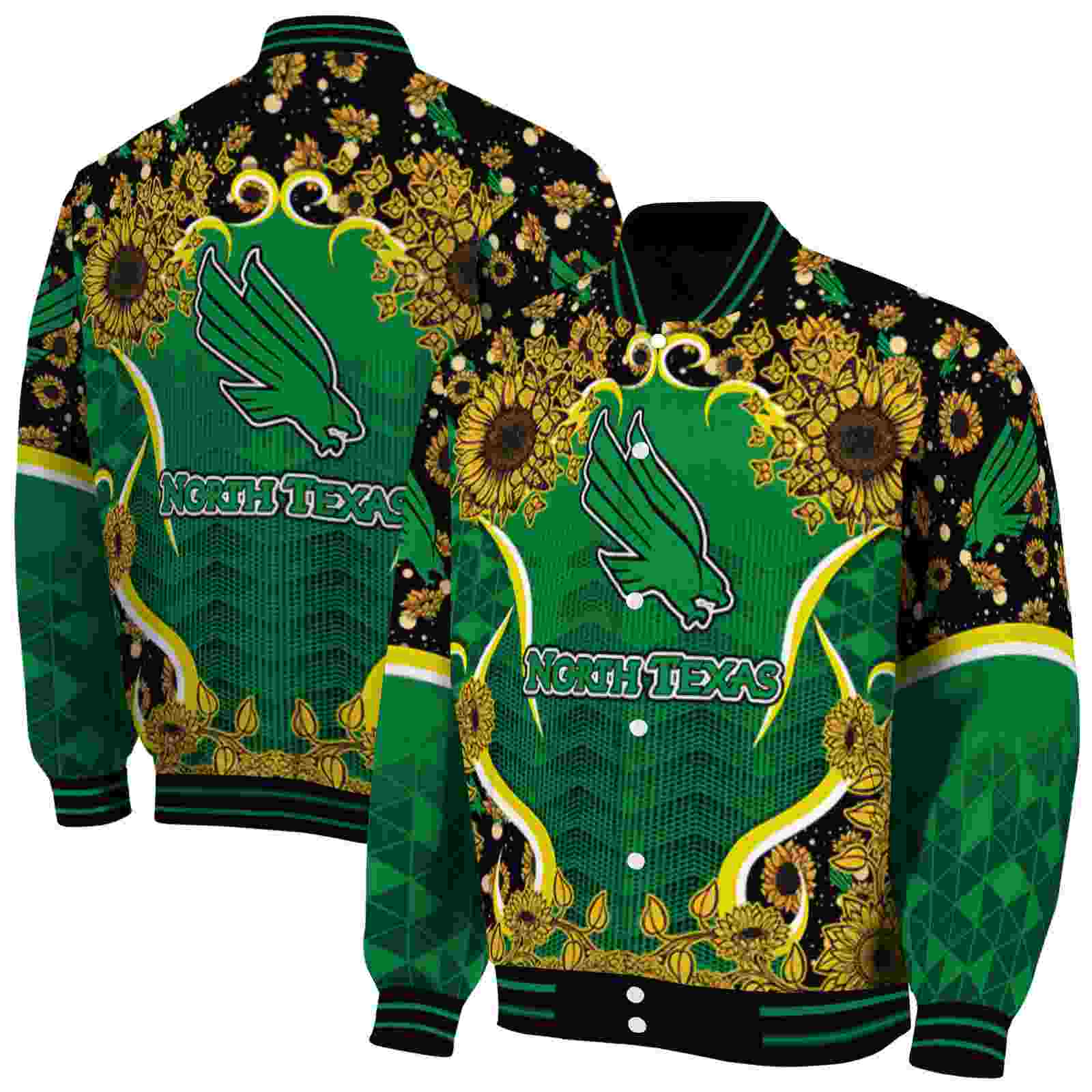 NcaaNorth Texas Mean Green SuNFL ower Bloom Green Yellow Custom Baseball Jacket Sport Fans Gear