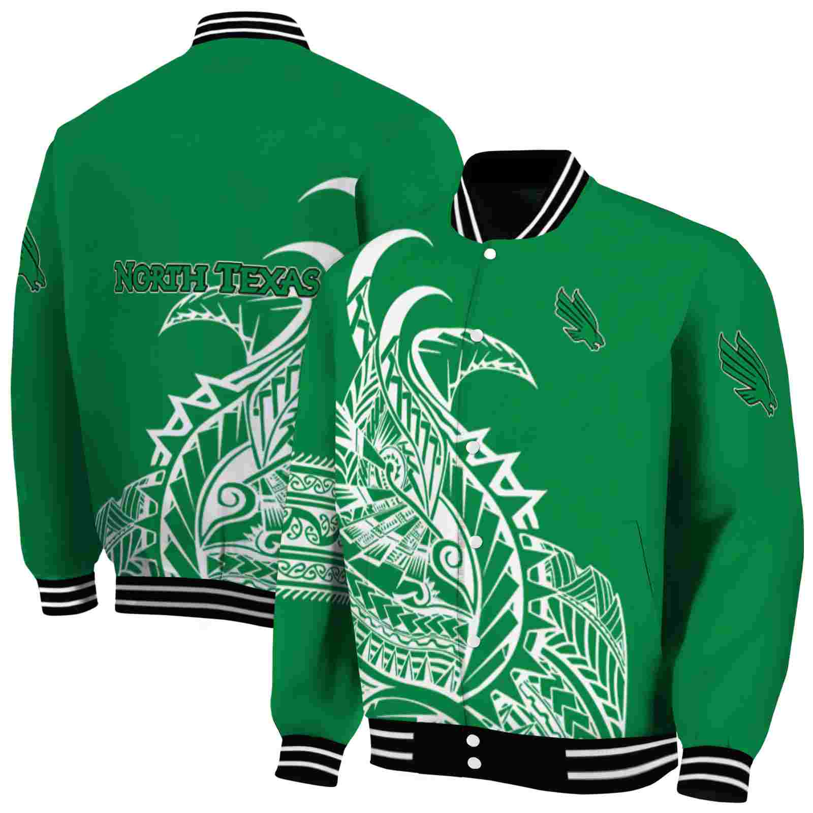 NcaaNorth Texas Mean Green Tribal Art Green White Black Custom Baseball Jacket Sport Fans Gear