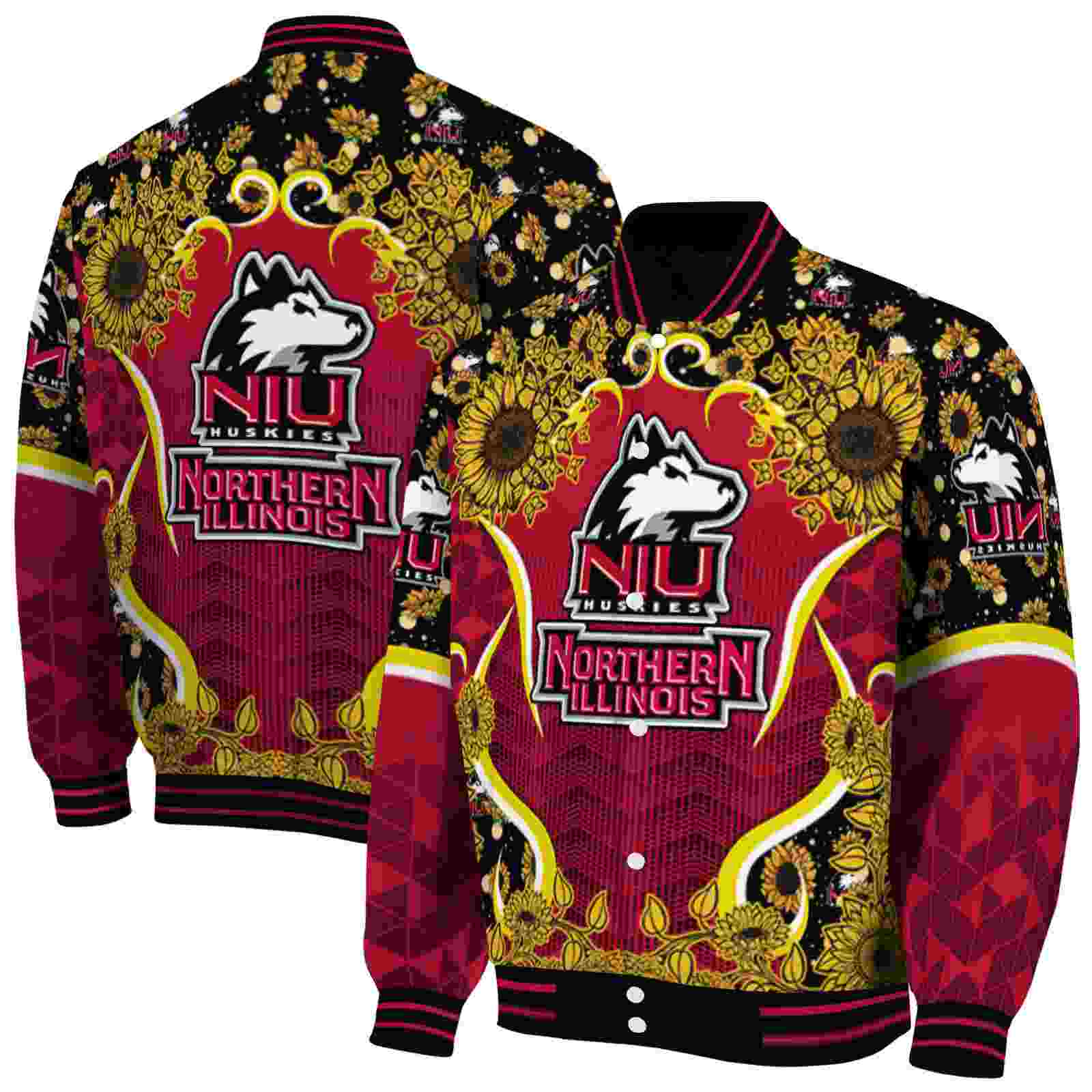NcaaNorthern Illinois Huskies SuNFL ower Bloom Red Yellow Custom Baseball Jacket Sport Fans Gear