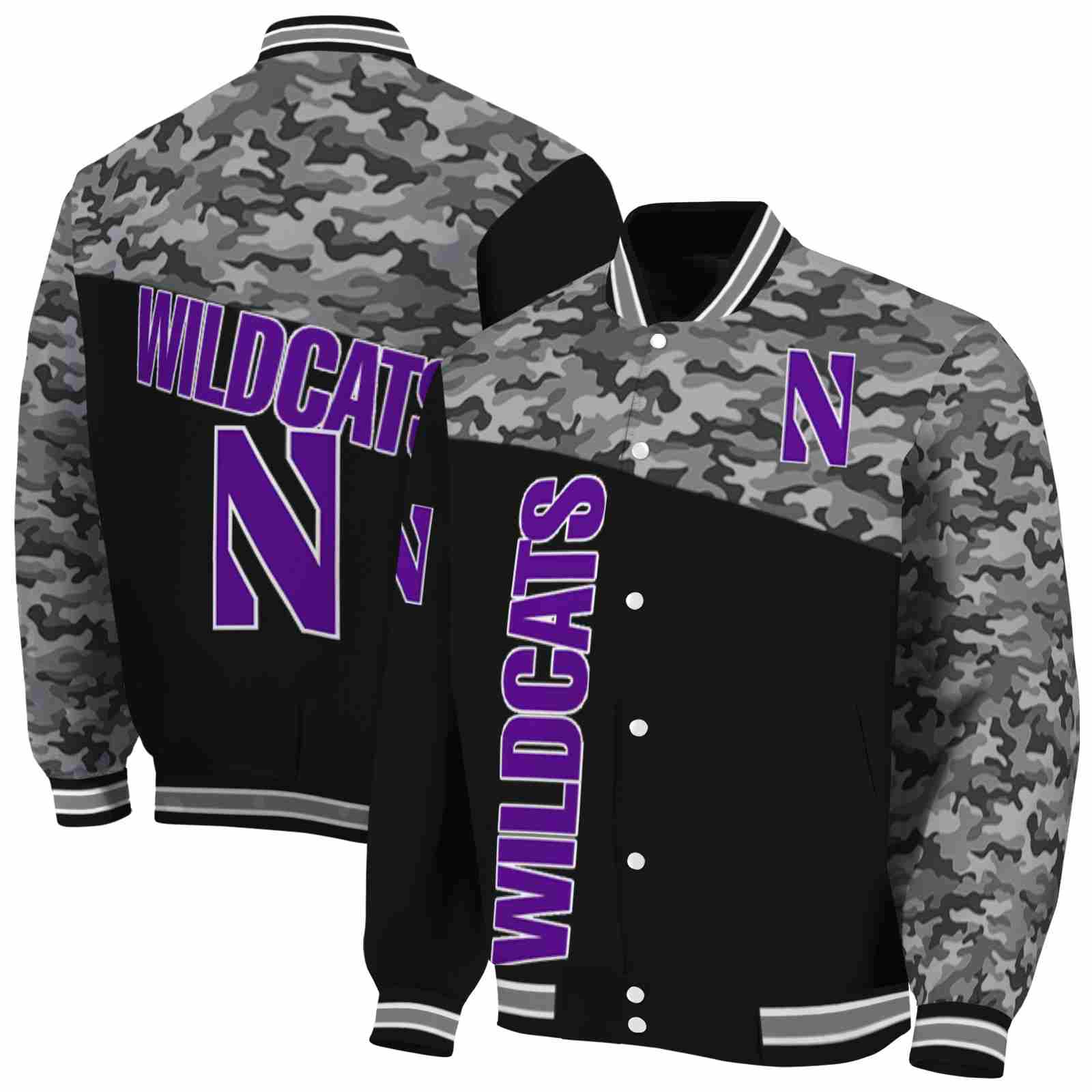 NcaaNorthwestern Wildcats Camo Patchwork Black Custom Baseball Jacket Sport Fans Gear