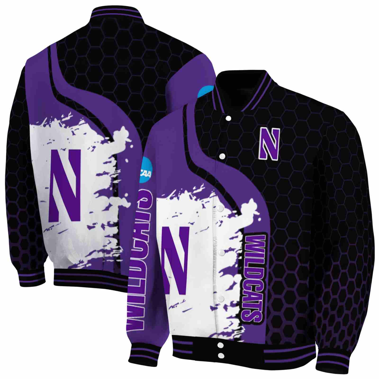 NcaaNorthwestern Wildcats Hexagonal Pattern Purple Black Custom Baseball Jacket Sport Fans Gear