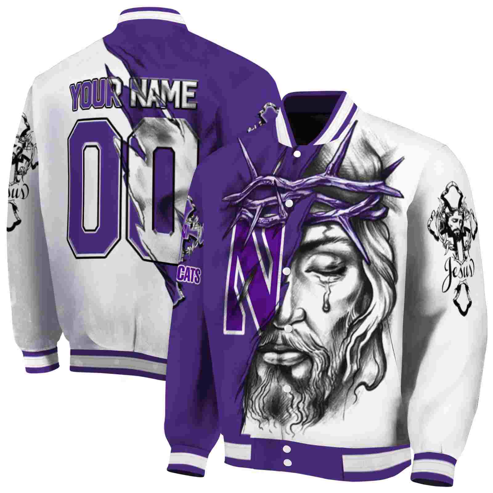NcaaNorthwestern Wildcats Jesus Tears Purple White Custom Baseball Jacket Sport Fans Gear