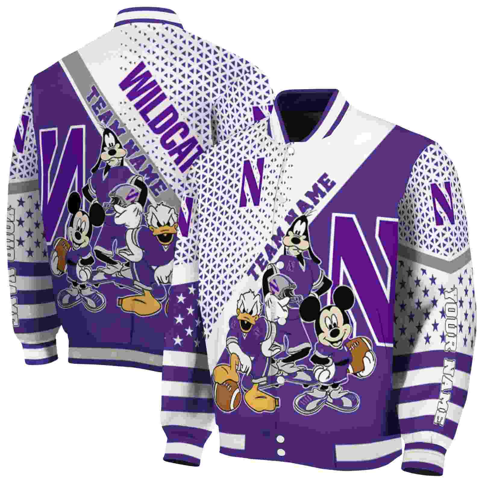 NcaaNorthwestern Wildcats Mickey Donald Goofy Purple White Custom Baseball Jacket Sport Fans Gear