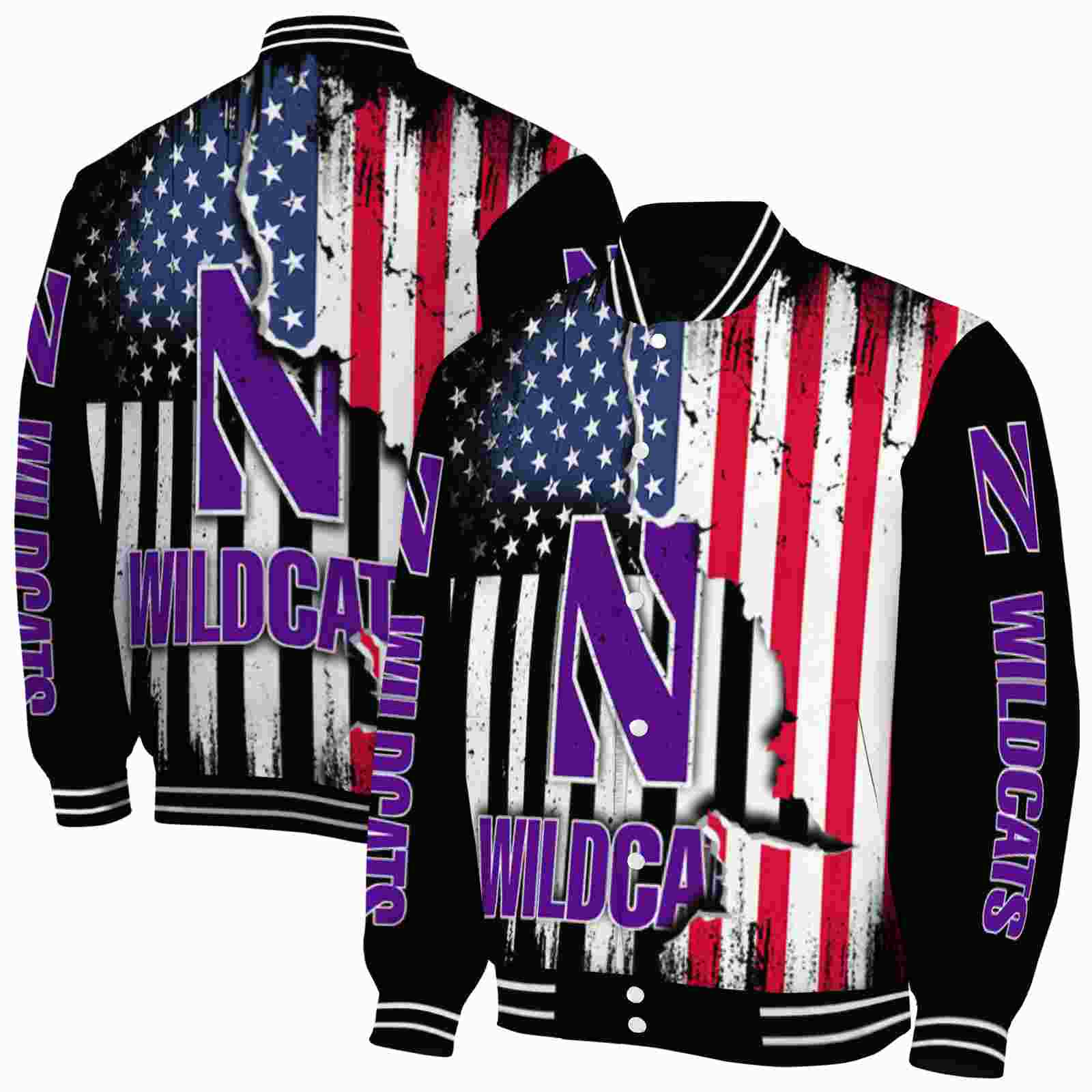 NcaaNorthwestern Wildcats Patriotic Theme Black Custom Baseball Jacket Sport Fans Gear