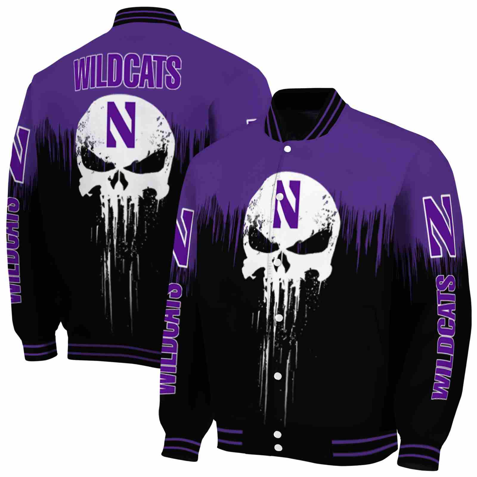NcaaNorthwestern Wildcats Punisher Skull Purple Black White Custom Baseball Jacket Sport Fans Gear