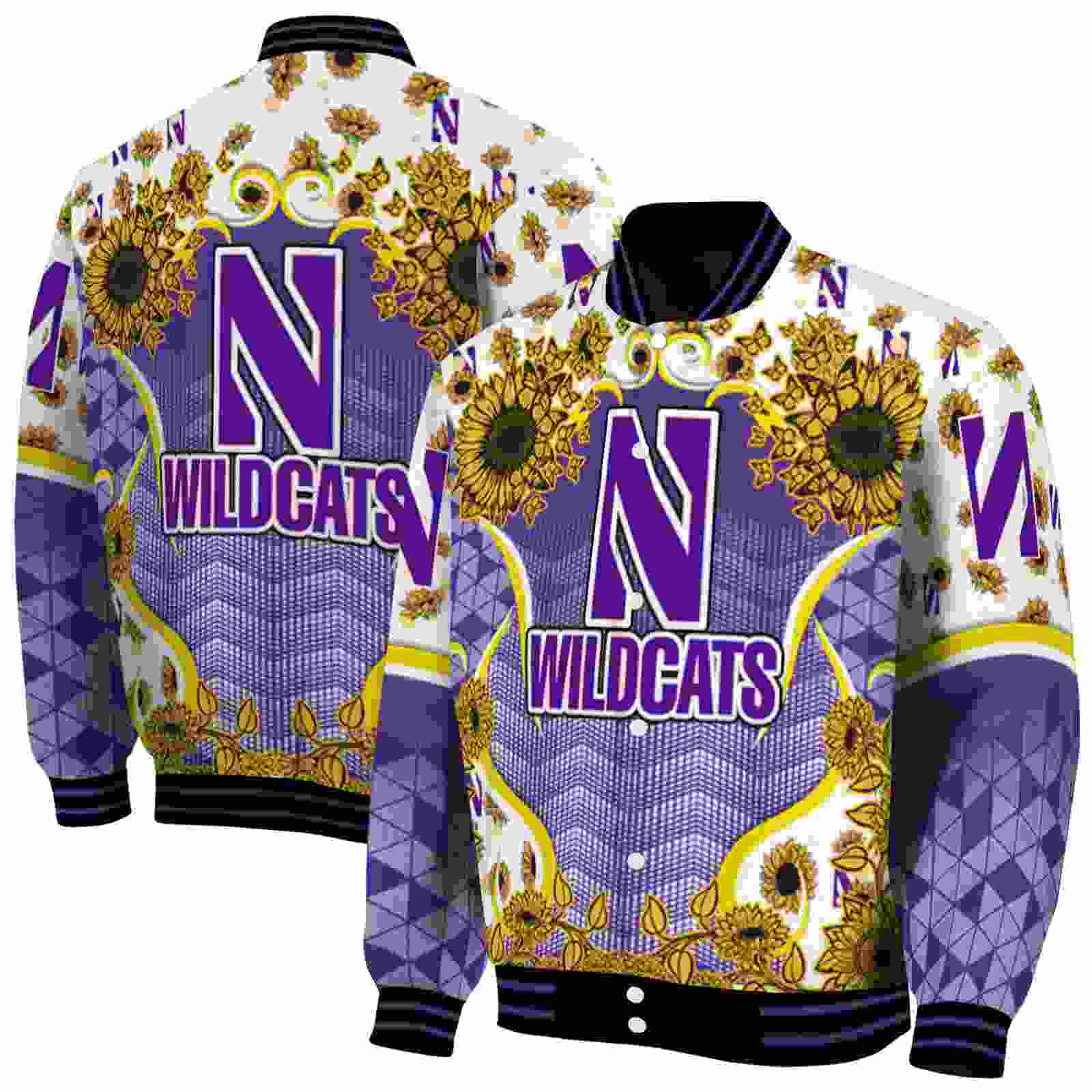 NcaaNorthwestern Wildcats SuNFL ower Bloom Purple Yellow Custom Baseball Jacket Sport Fans Gear