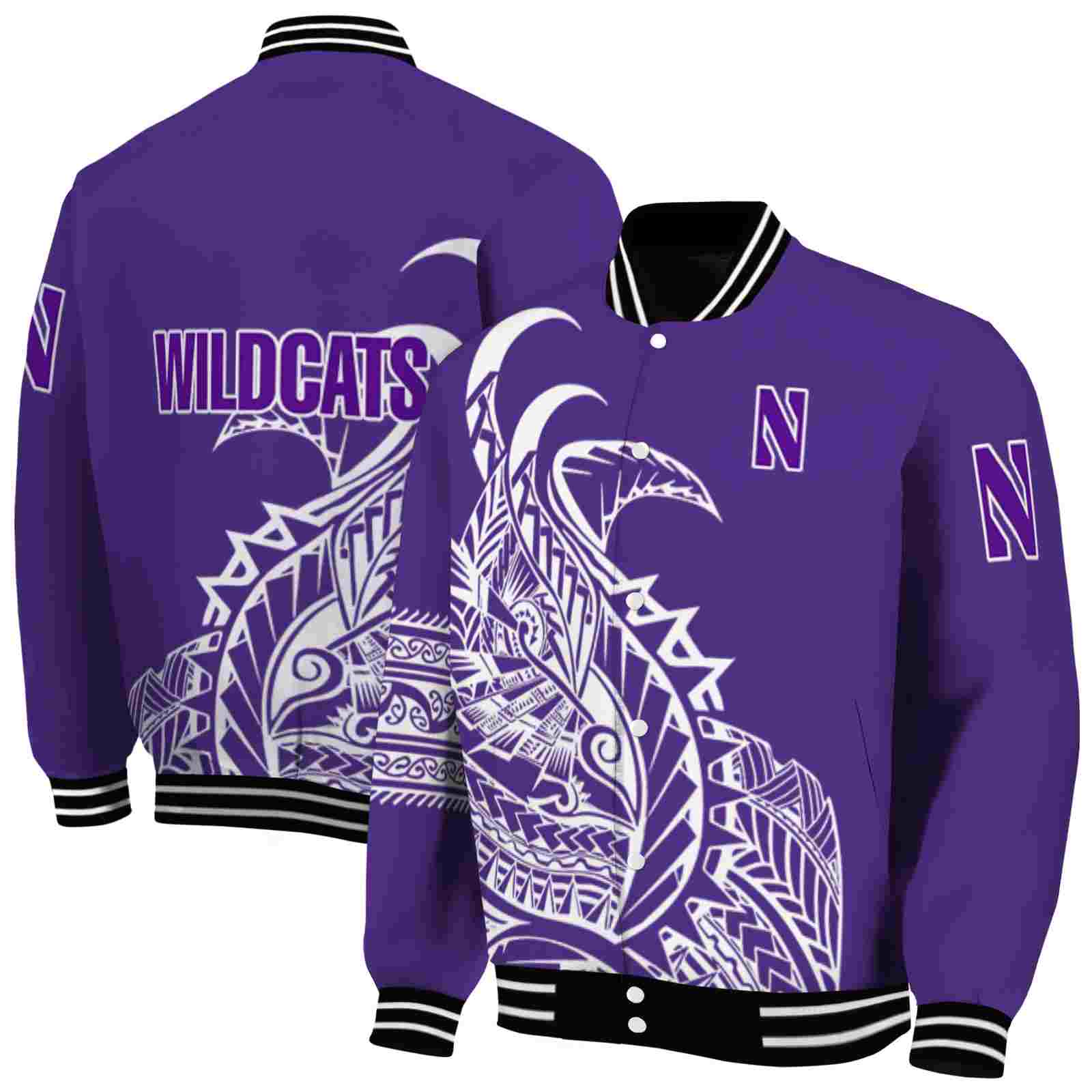 NcaaNorthwestern Wildcats Tribal Art Purple White Black Custom Baseball Jacket Sport Fans Gear
