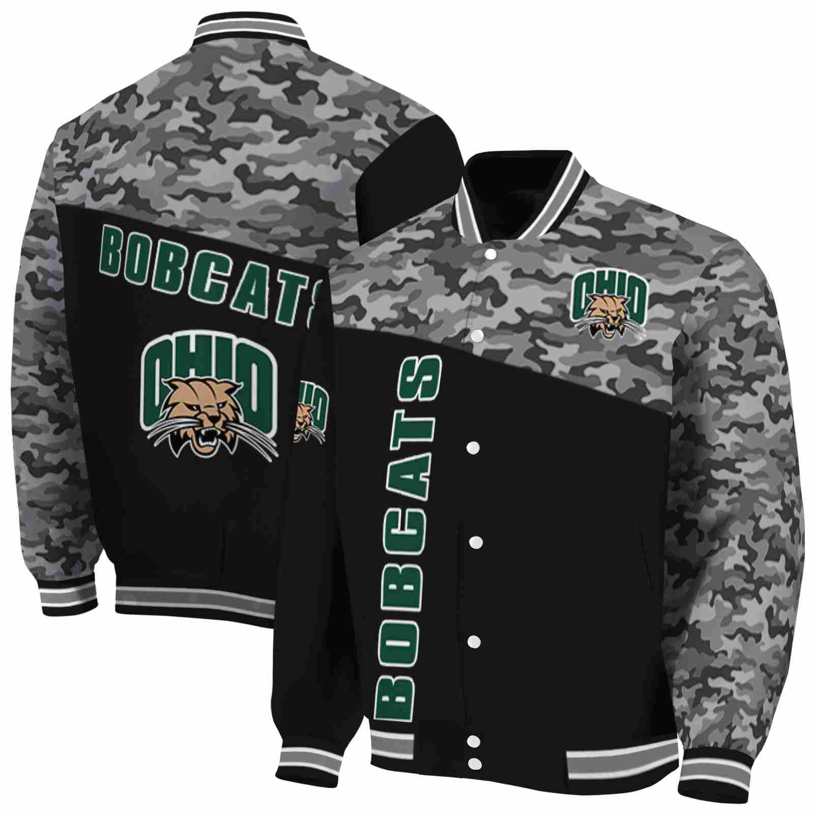 NcaaOhio Bobcats Camo Patchwork Black Custom Baseball Jacket Sport Fans Gear