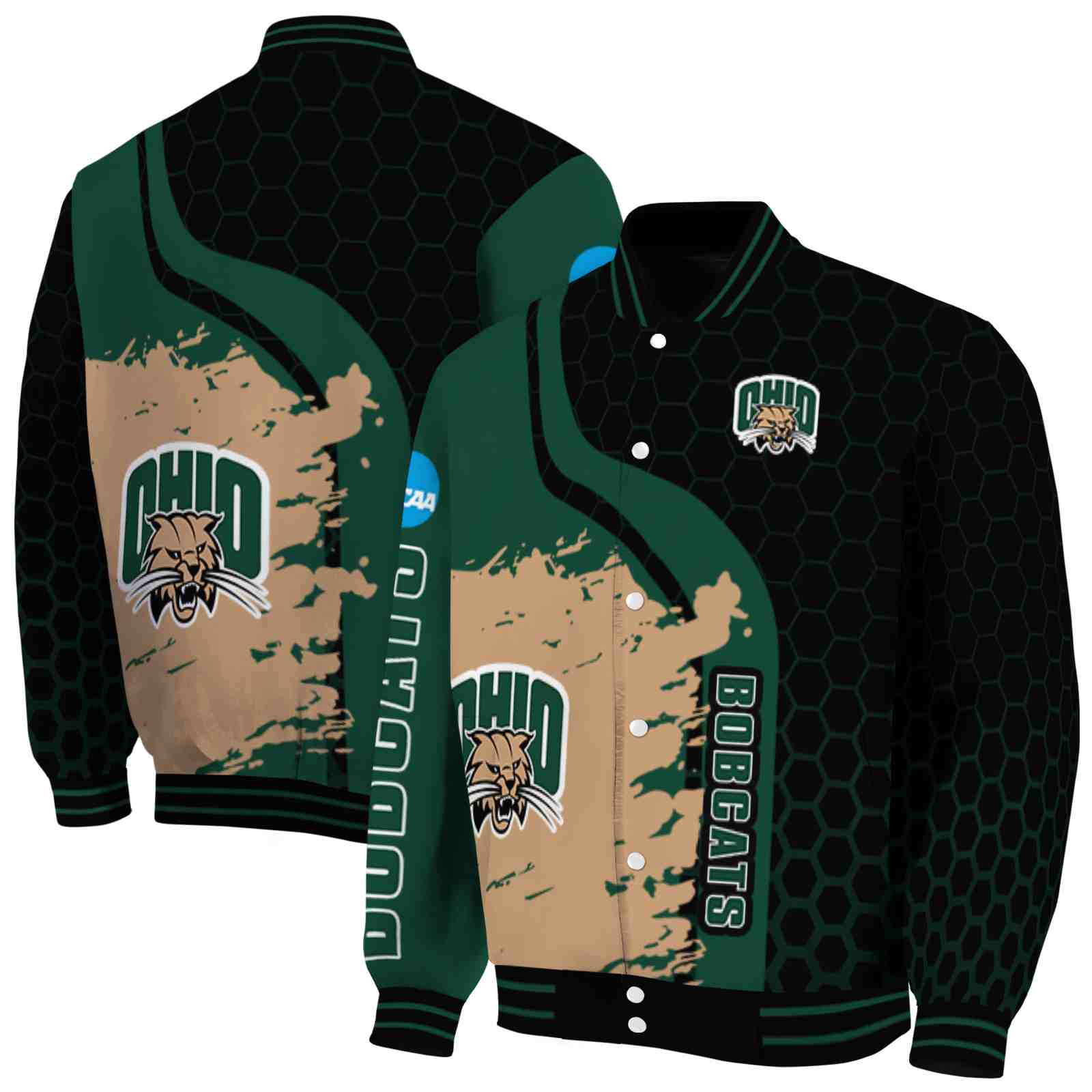 NcaaOhio Bobcats Hexagonal Pattern Green Black Custom Baseball Jacket Sport Fans Gear
