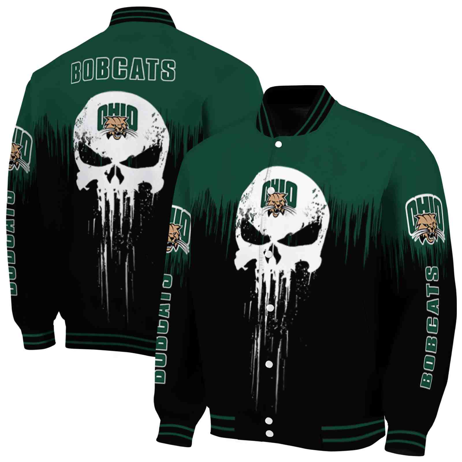 NcaaOhio Bobcats Punisher Skull Green Black White Custom Baseball Jacket Sport Fans Gear