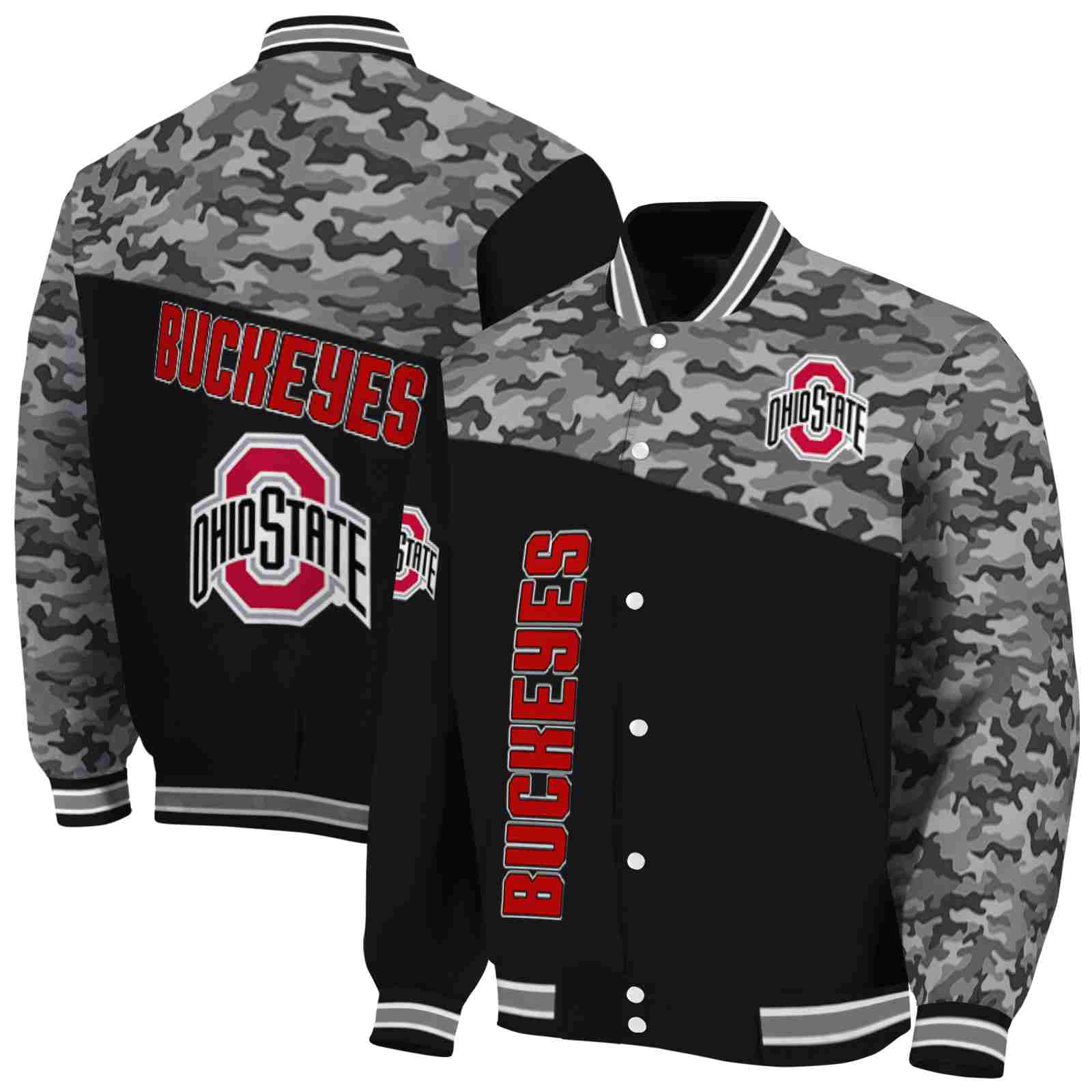 NcaaOhio State Buckeyes Camo Patchwork Black Custom Baseball Jacket Sport Fans Gear