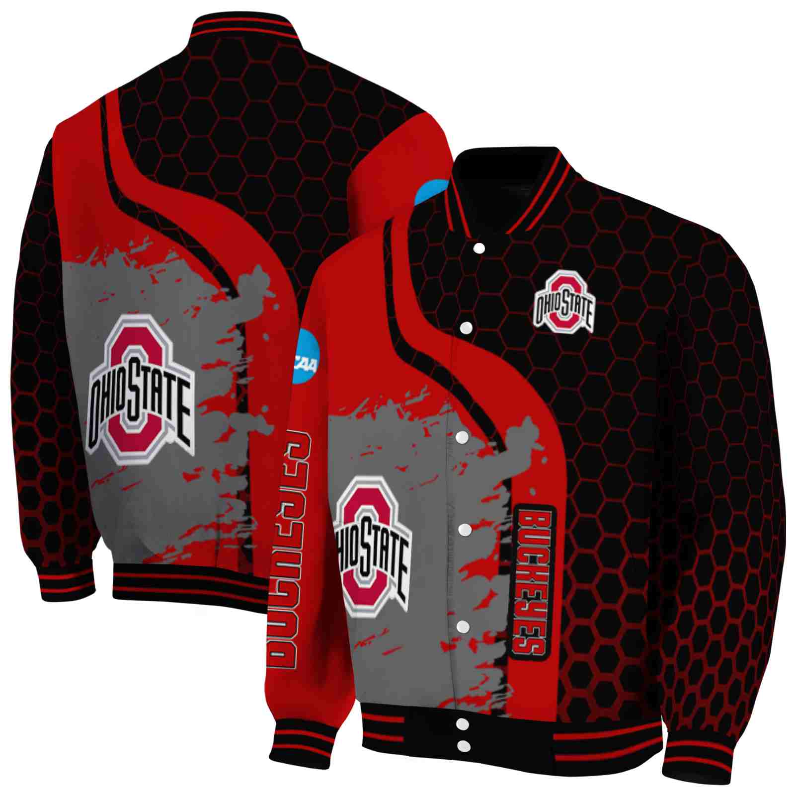 NcaaOhio State Buckeyes Hexagonal Pattern Scarlet Black Custom Baseball Jacket Sport Fans Gear