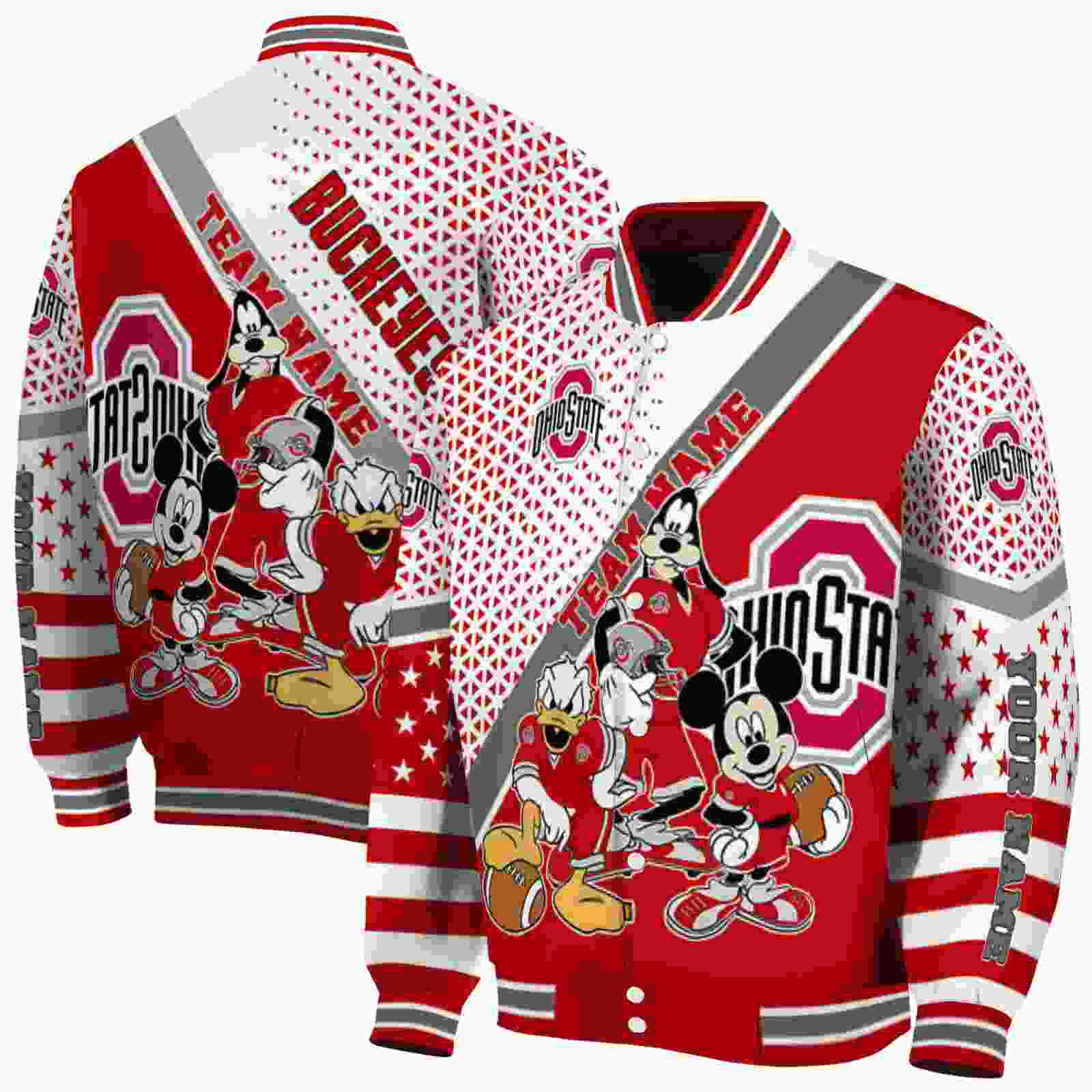 NcaaOhio State Buckeyes Mickey Donald Goofy Scarlet White Custom Baseball Jacket Sport Fans Gear