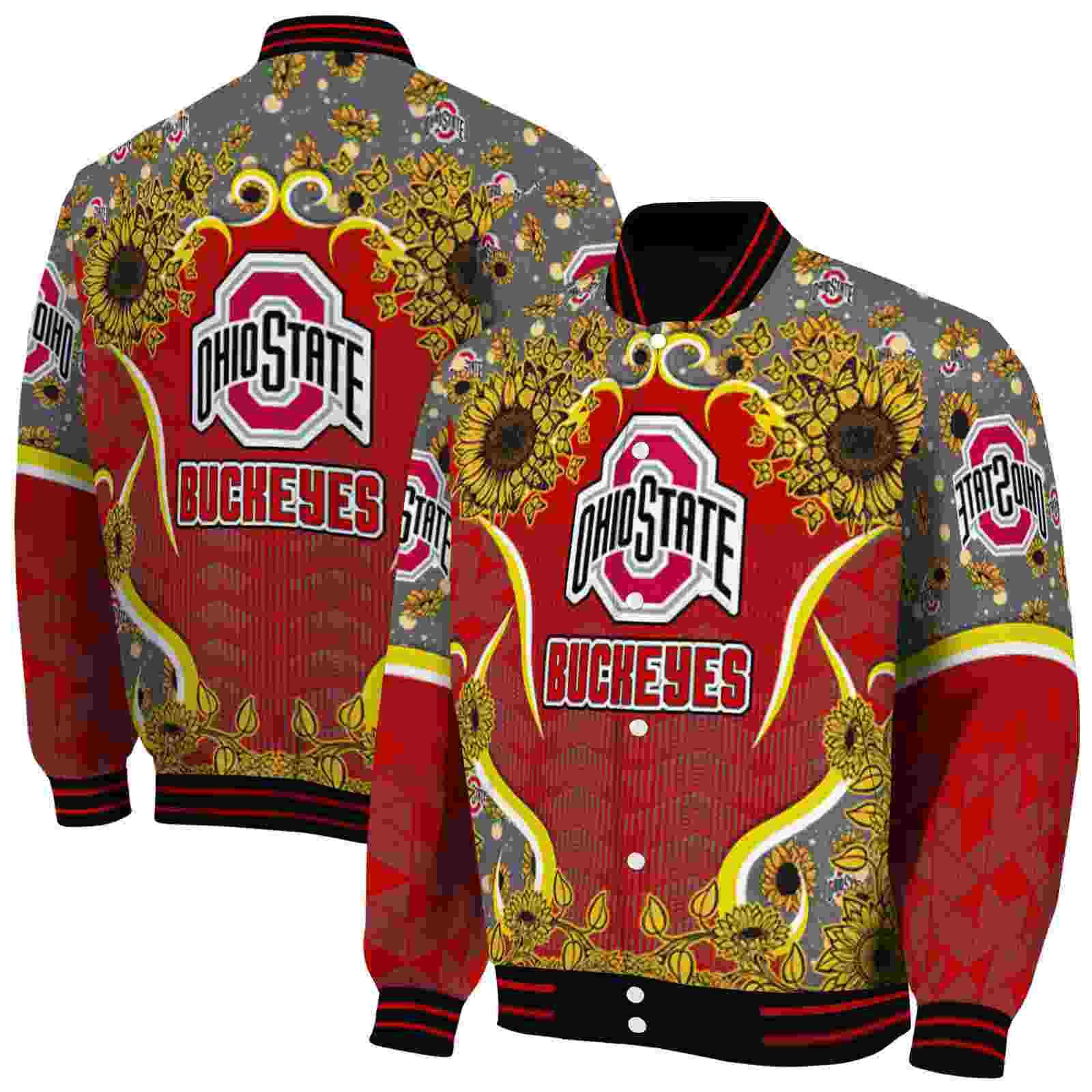 NcaaOhio State Buckeyes SuNFL ower Bloom Scarlet Yellow Custom Baseball Jacket Sport Fans Gear