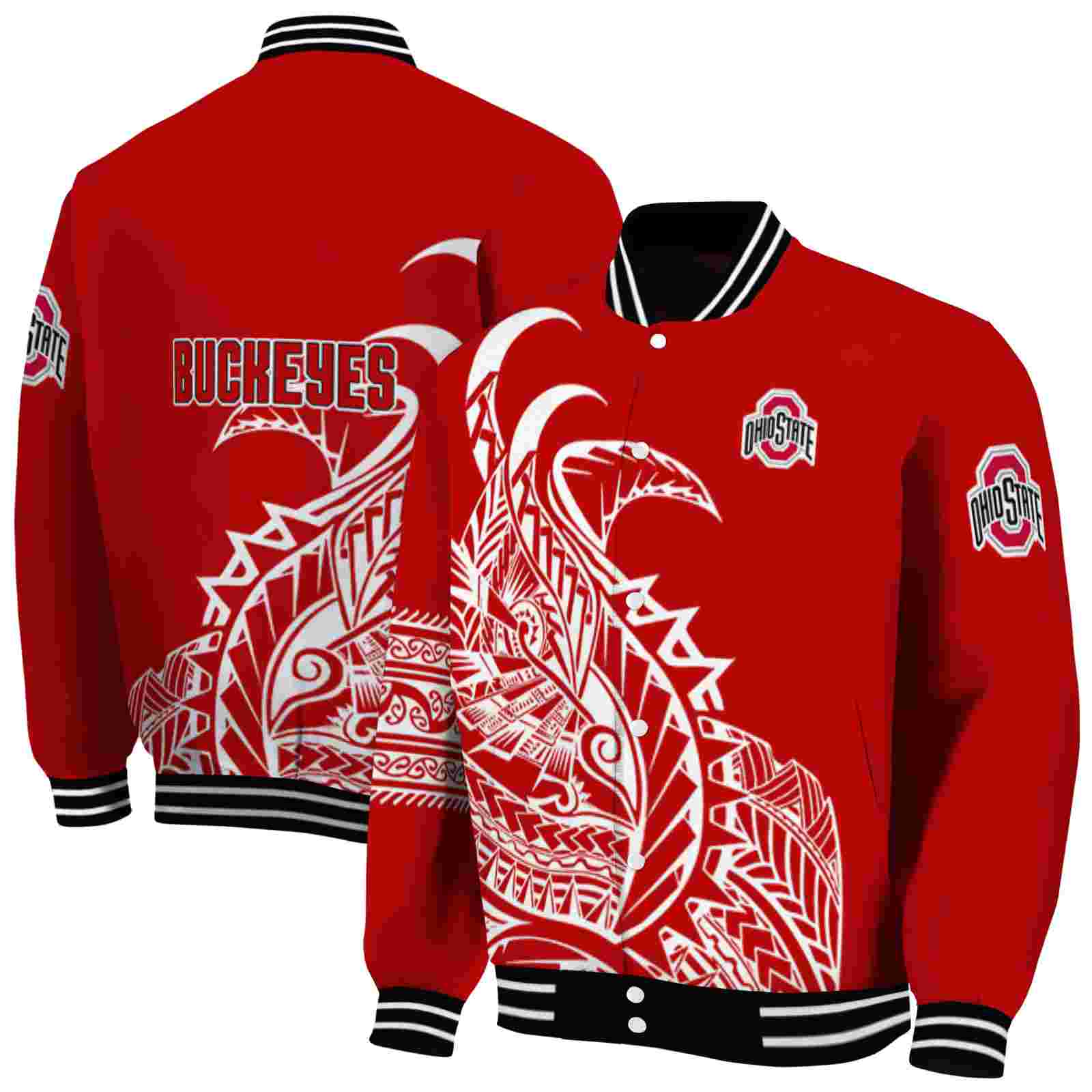 NcaaOhio State Buckeyes Tribal Art Scarlet White Black Custom Baseball Jacket Sport Fans Gear