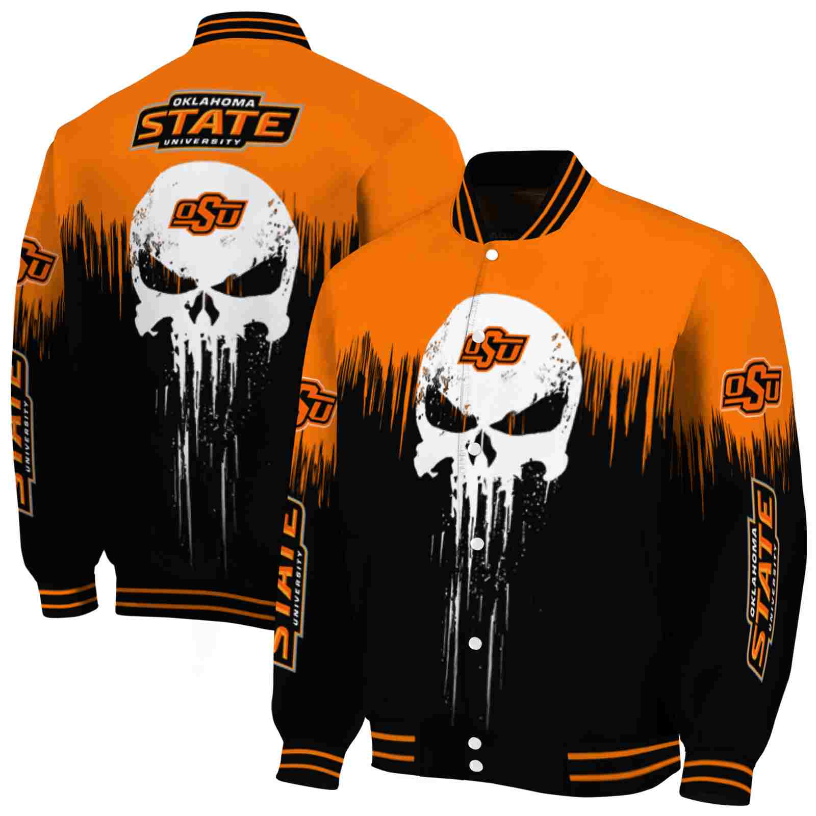NcaaOklahoma State Cowboys Punisher Skull Orange Black White Custom Baseball Jacket Sport Fans Gear