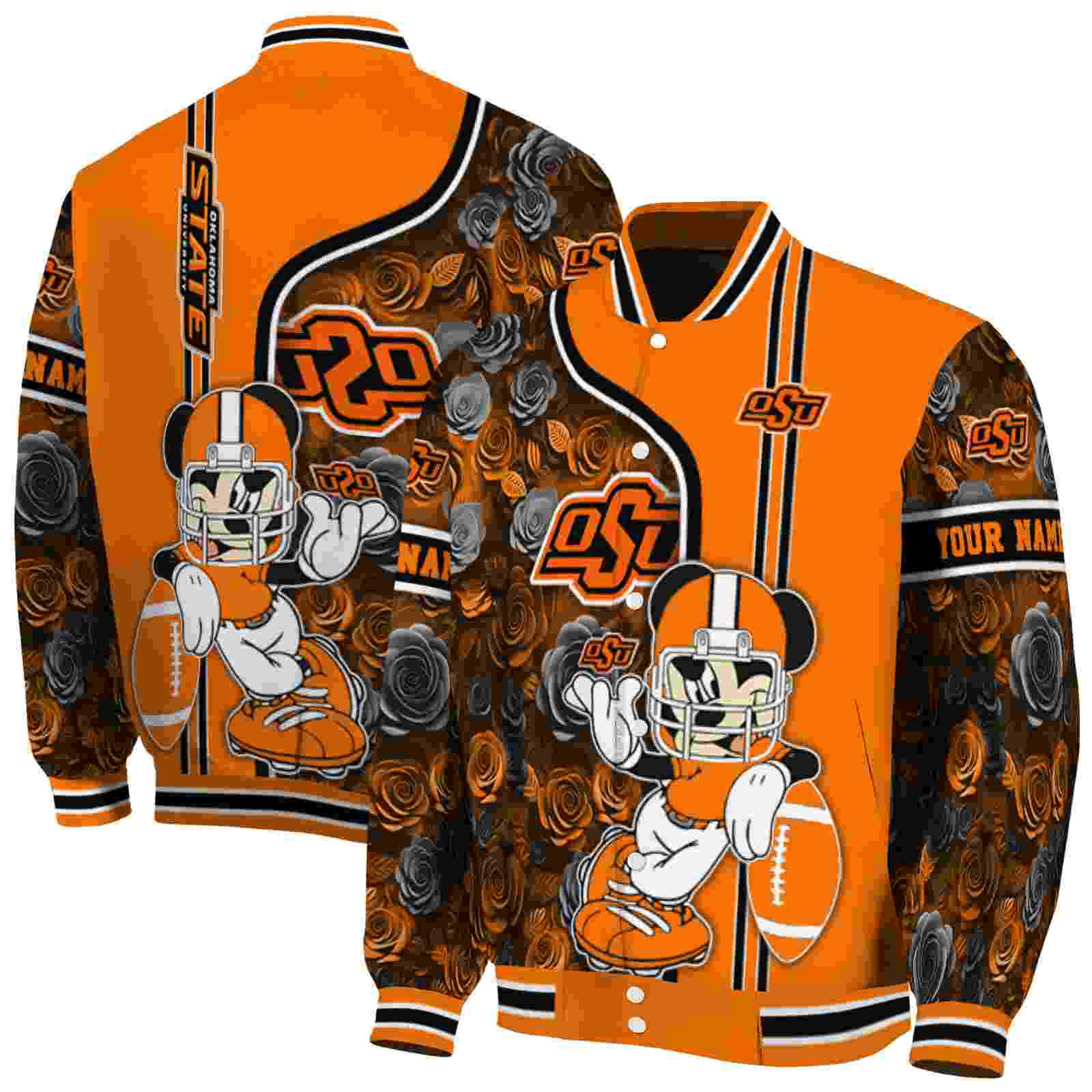 NcaaOklahoma State Cowboys Rose Mickey Orange Custom Baseball Jacket Sport Fans Gear