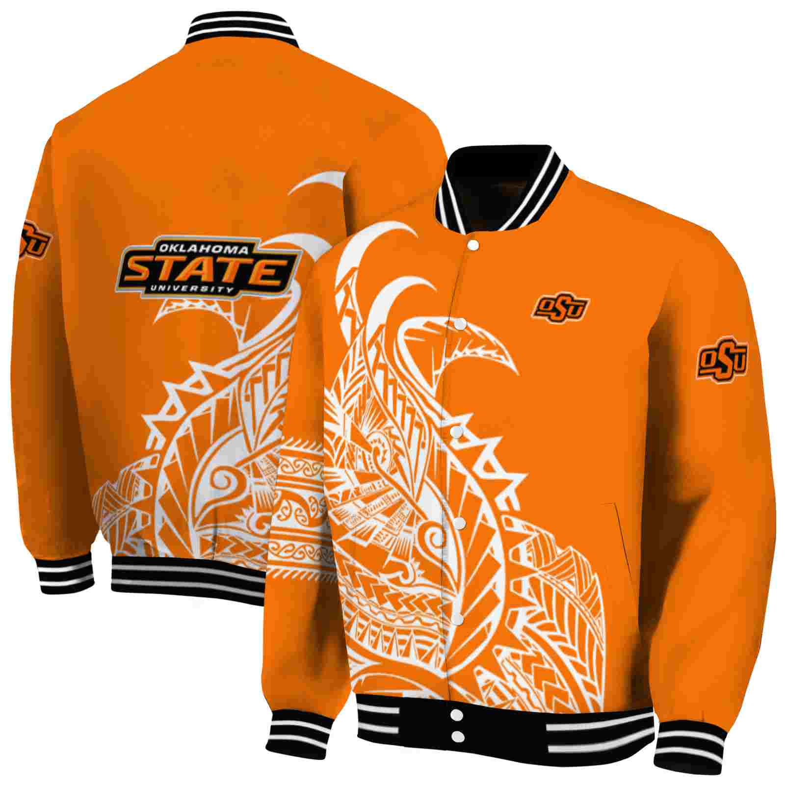 NcaaOklahoma State Cowboys Tribal Art Orange White Black Custom Baseball Jacket Sport Fans Gear