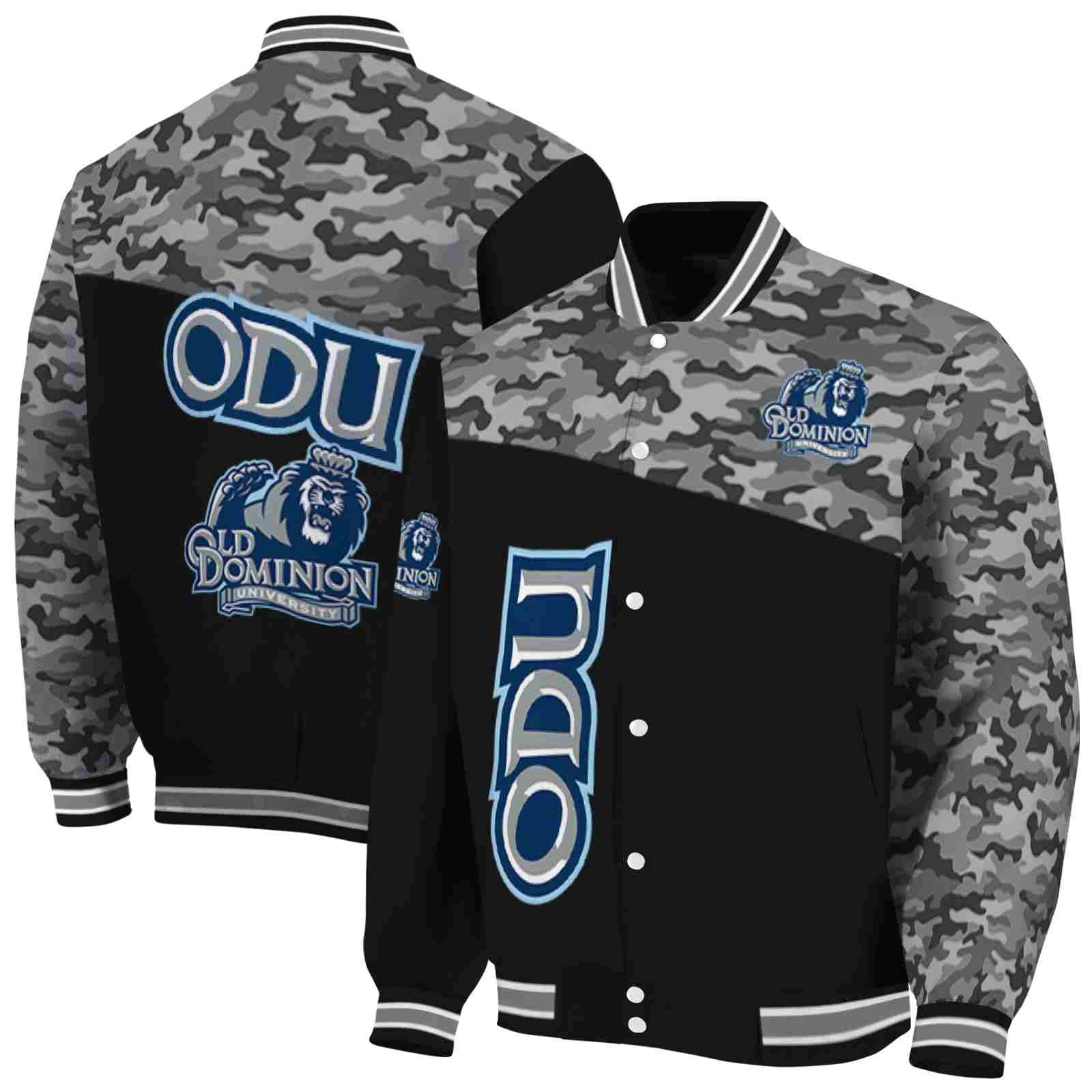 NcaaOld Dominion Monarchs Camo Patchwork Black Custom Baseball Jacket Sport Fans Gear