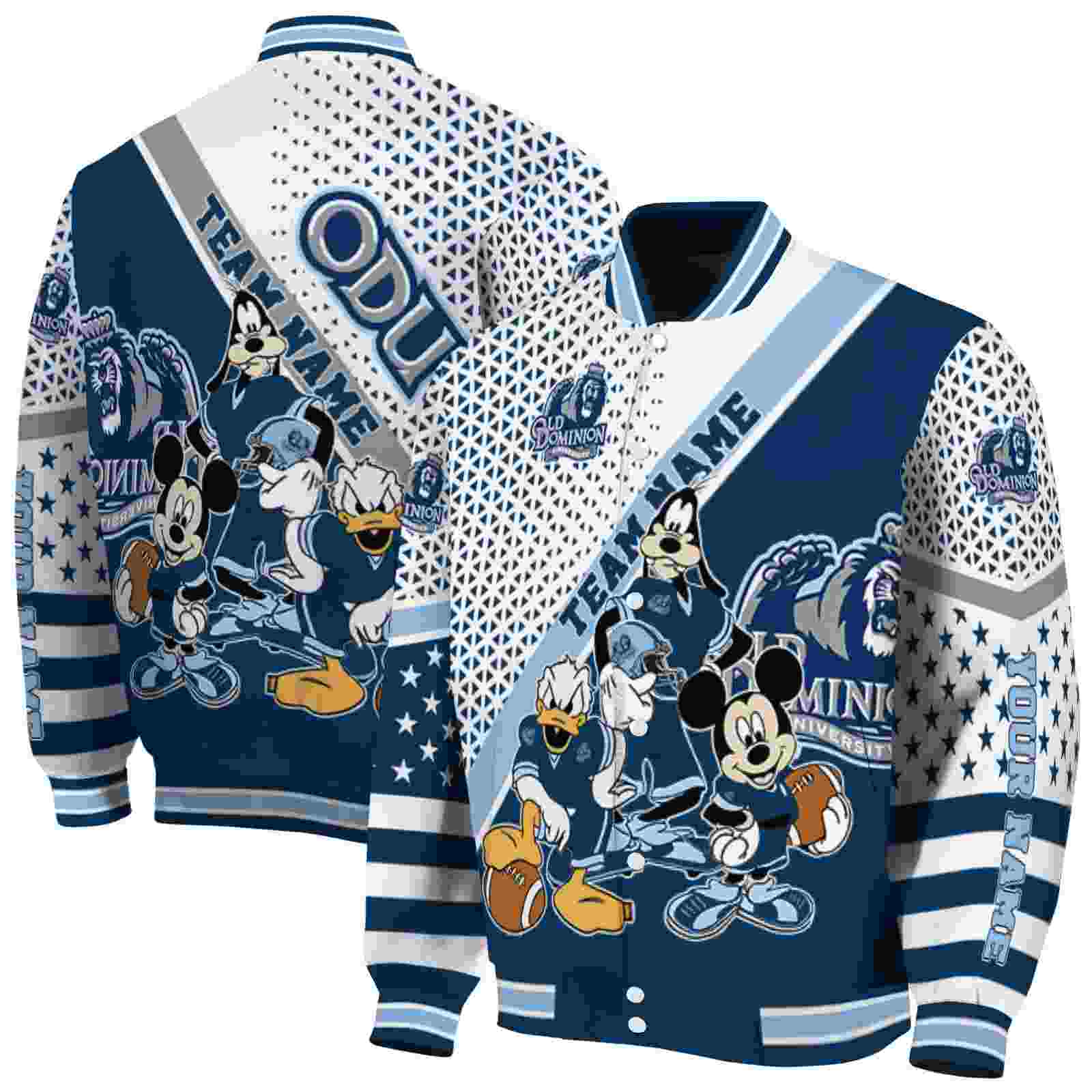 NcaaOld Dominion Monarchs Mickey Donald Goofy Blue White Custom Baseball Jacket Sport Fans Gear