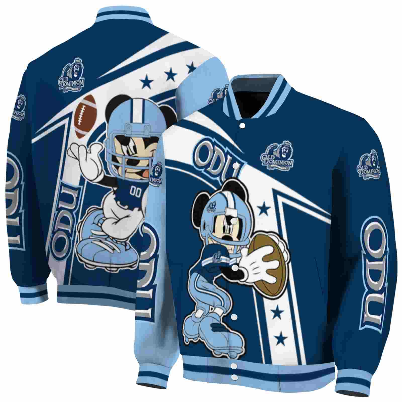 NcaaOld Dominion Monarchs Mickey Football Blue White Custom Baseball Jacket Sport Fans Gear