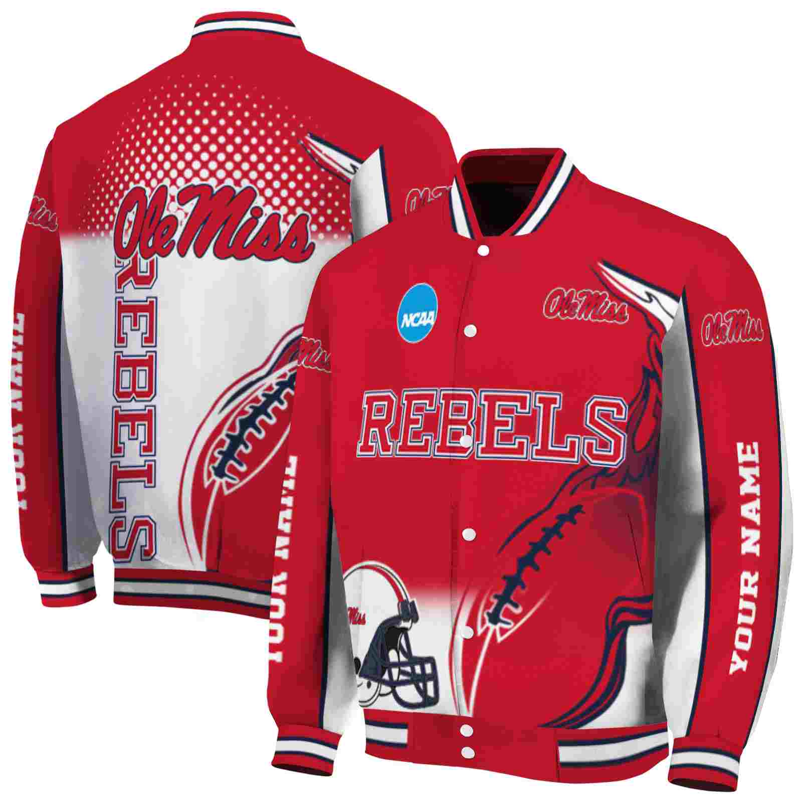 NcaaOle Miss Rebels Flaming Football Red White Custom Baseball Jacket Sport Fans Gear