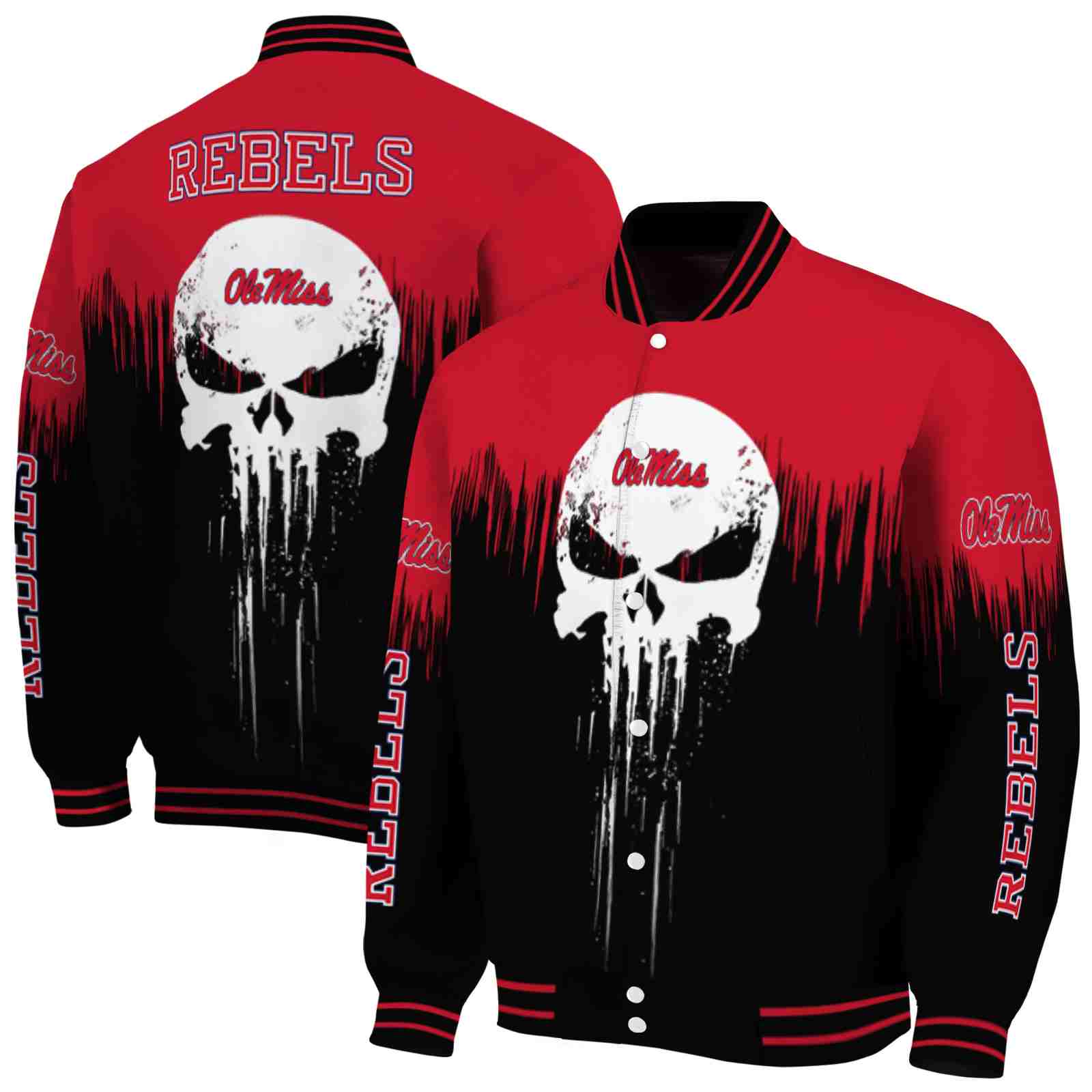 NcaaOle Miss Rebels Punisher Skull Red Black White Custom Baseball Jacket Sport Fans Gear