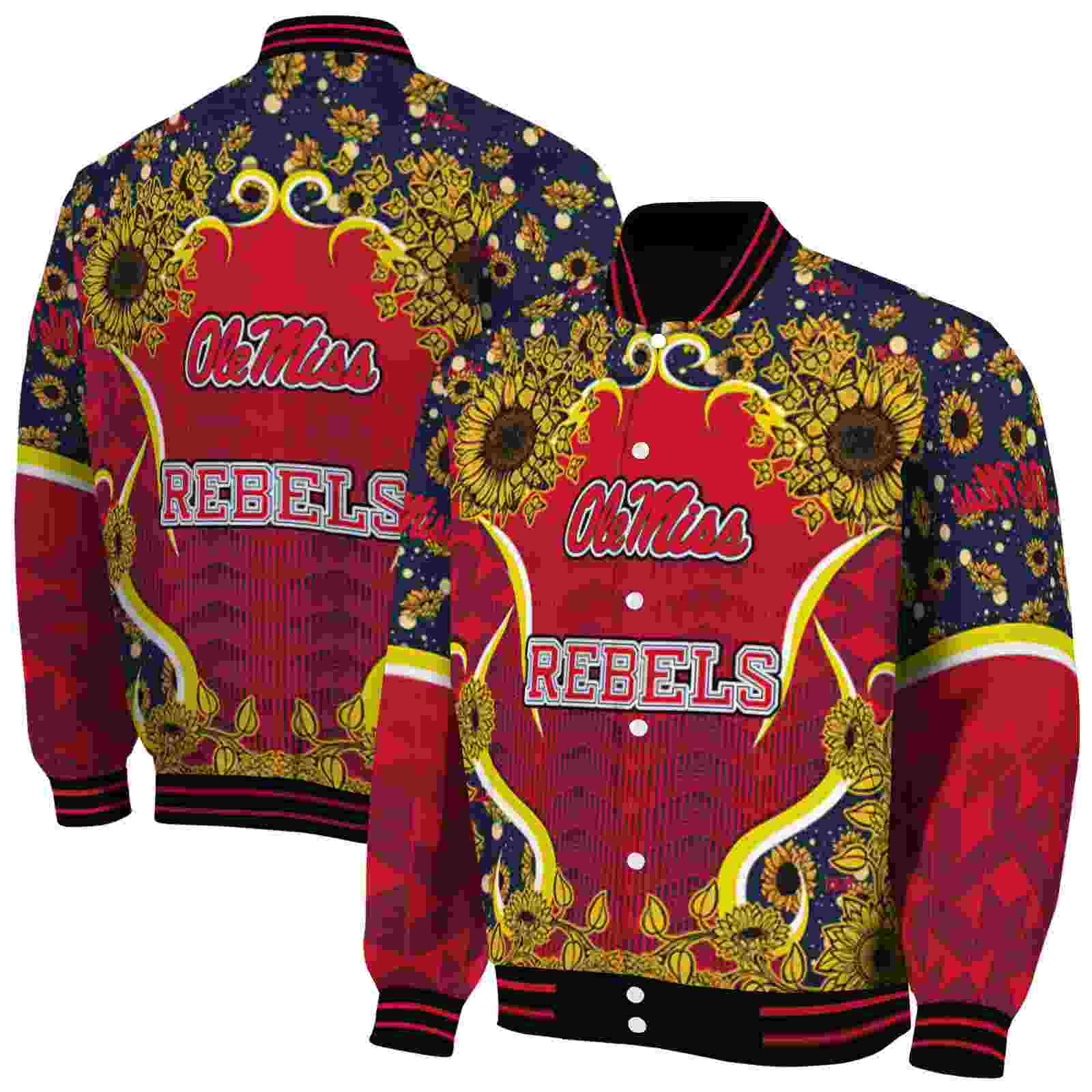 NcaaOle Miss Rebels SuNFL ower Bloom Red Yellow Custom Baseball Jacket Sport Fans Gear