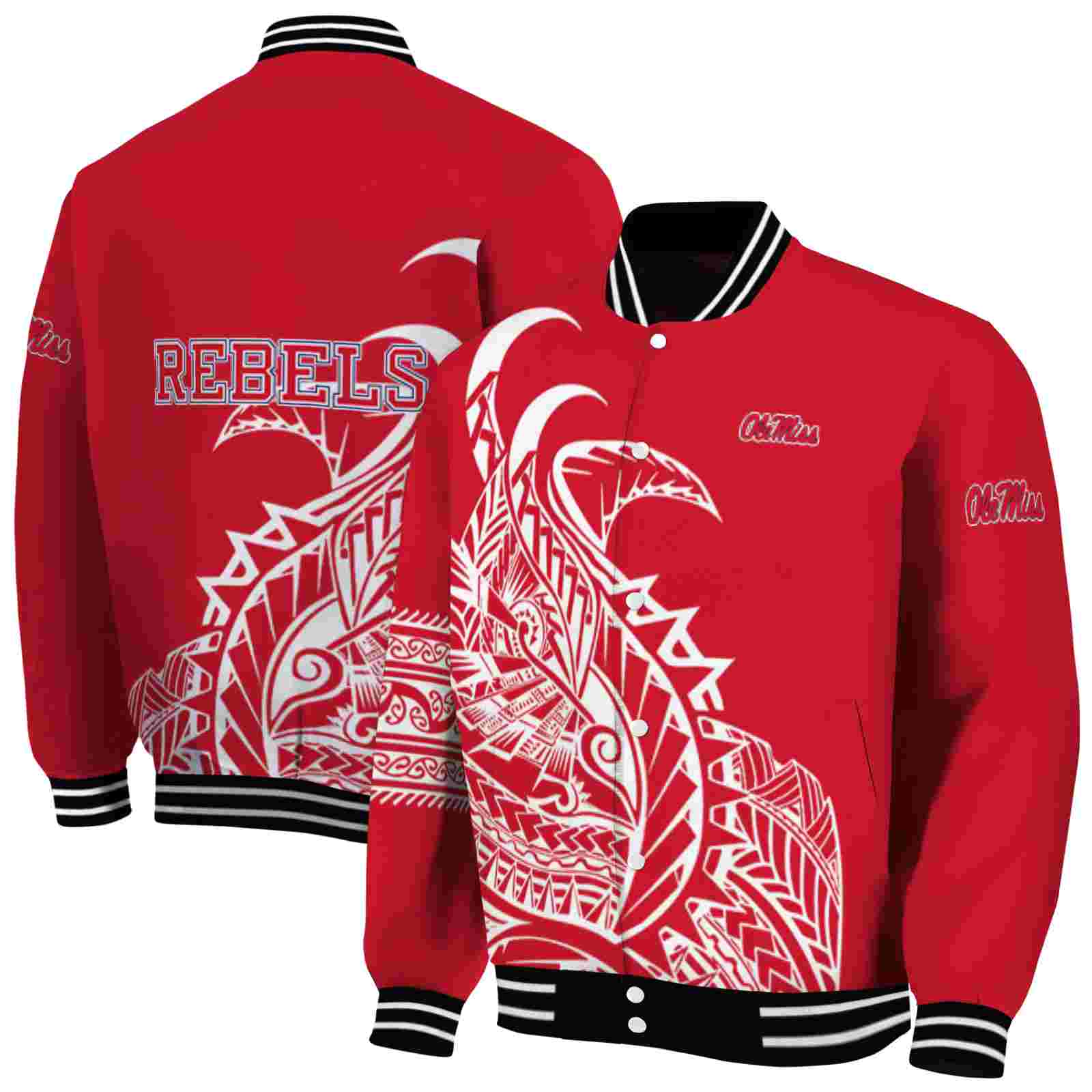 NcaaOle Miss Rebels Tribal Art Red White Black Custom Baseball Jacket Sport Fans Gear