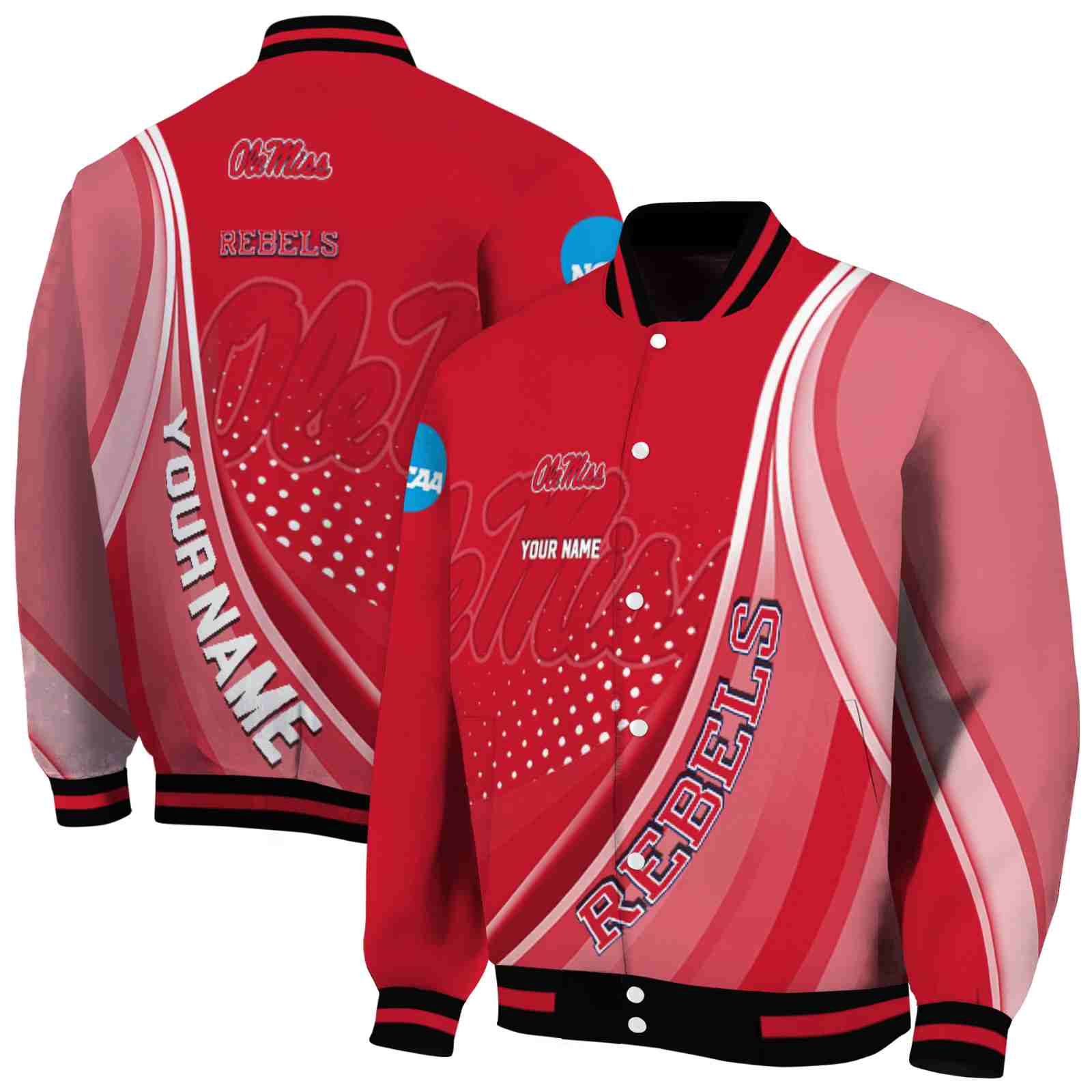NcaaOle Miss Rebels Wave Patterns Red Custom Baseball Jacket Sport Fans Gear