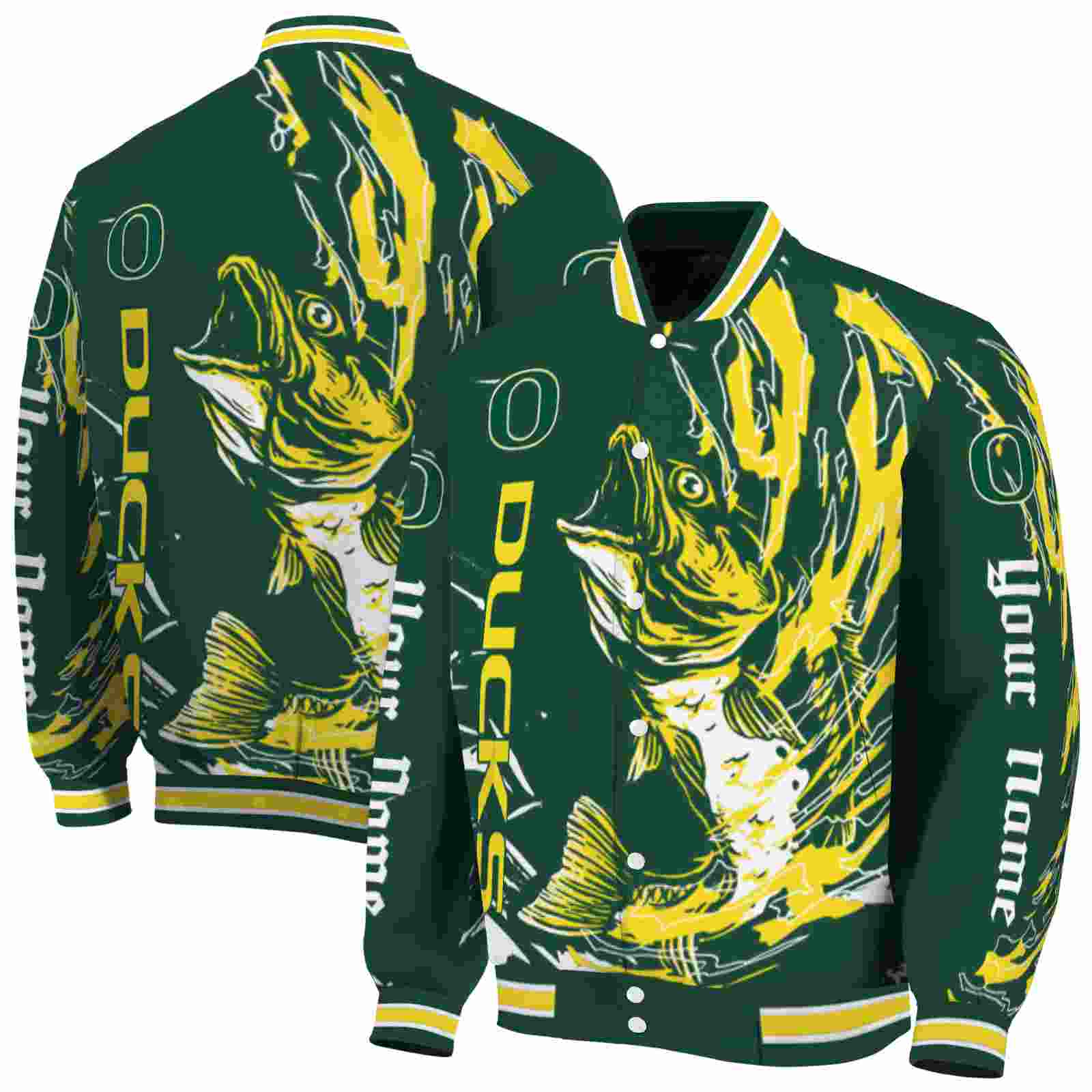 NcaaOregon Ducks Fishing Passion Green White Custom Baseball Jacket Sport Fans Gear