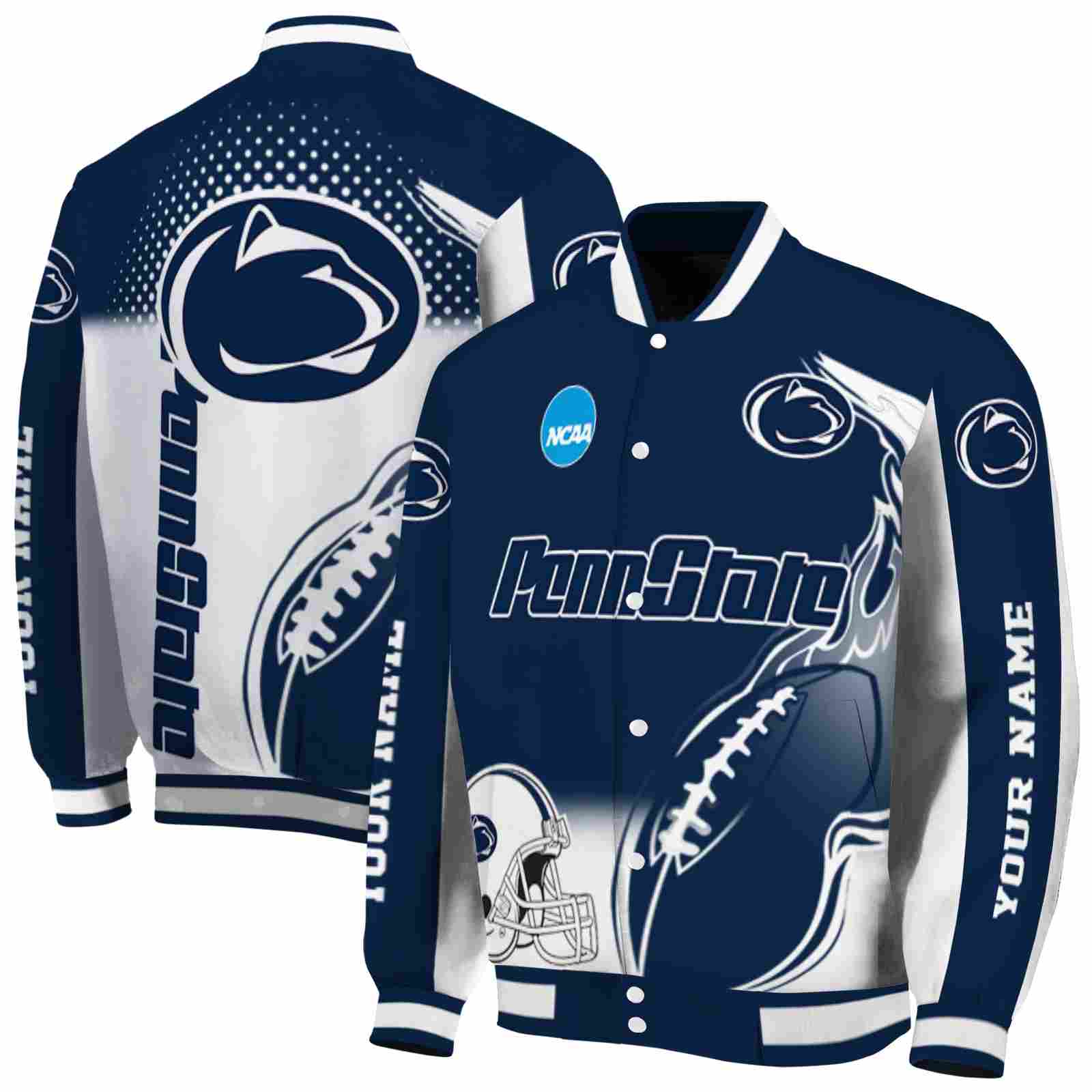 NcaaPenn State Nittany Lions Flaming Football Blue White Custom Baseball Jacket Sport Fans Gear