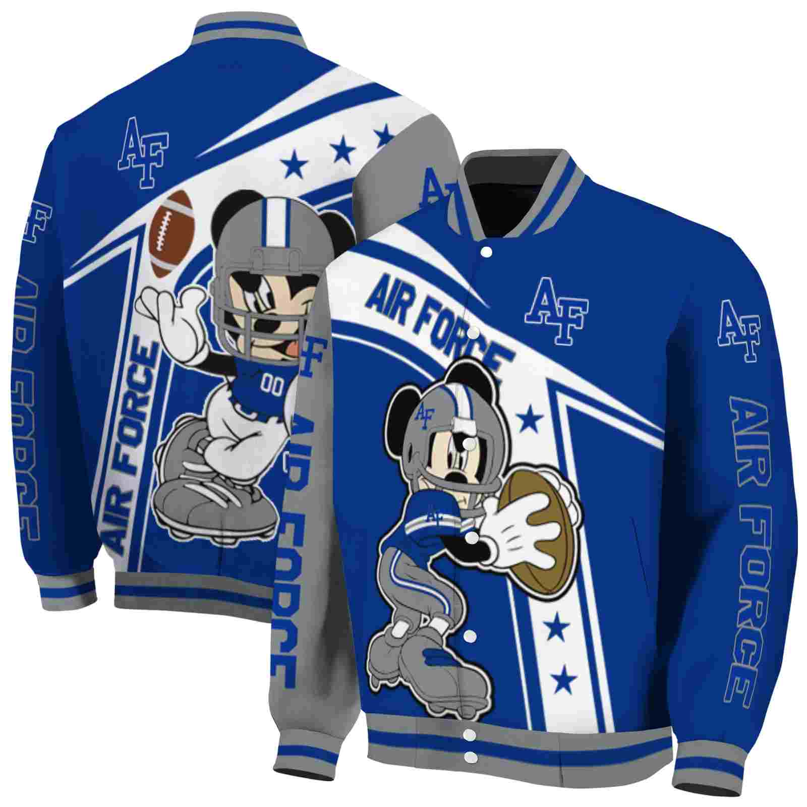 NcaaPersonalized Air Force Falcons Mickey Football Blue White Custom Baseball Jacket Sport Fans Gear