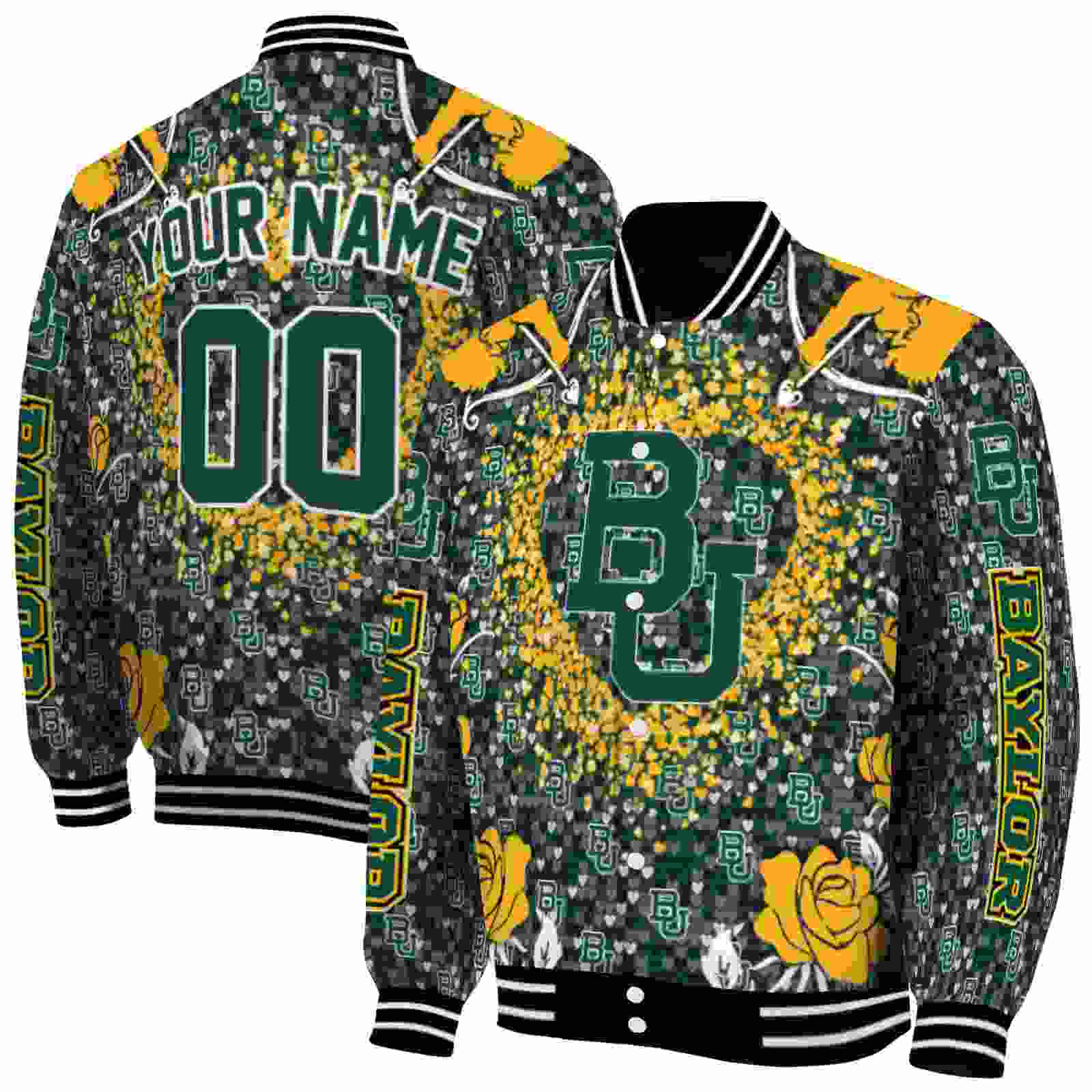 NcaaPersonalized Baylor Bears Heart Explosion Green Custom Baseball Jacket Sport Fans Gear