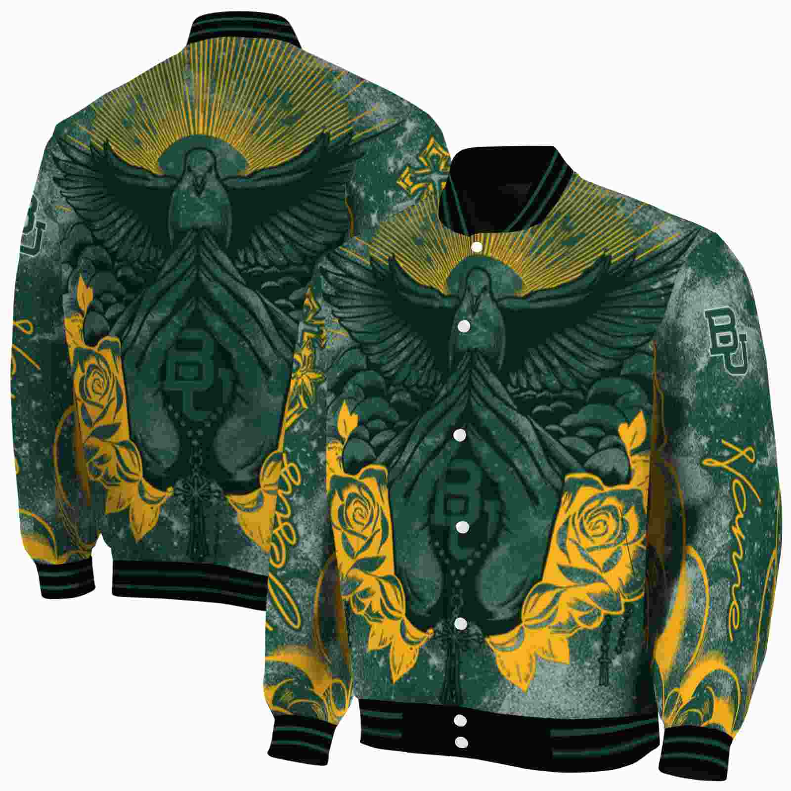 NcaaPersonalized Baylor Bears Praying Hands Green Custom Baseball Jacket Sport Fans Gear