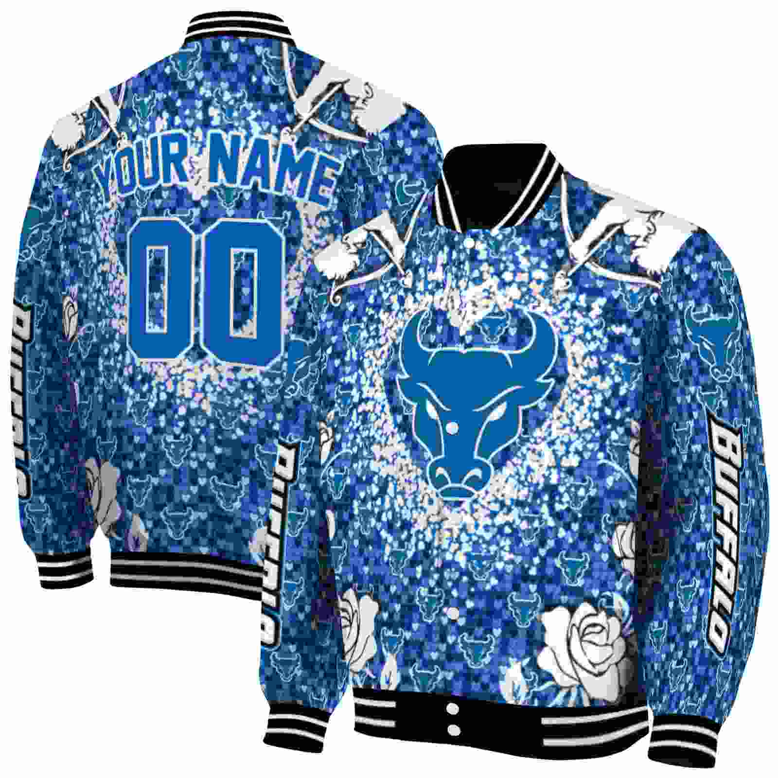 NcaaPersonalized Buffalo Bulls Heart Explosion Royal Blue Custom Baseball Jacket Sport Fans Gear