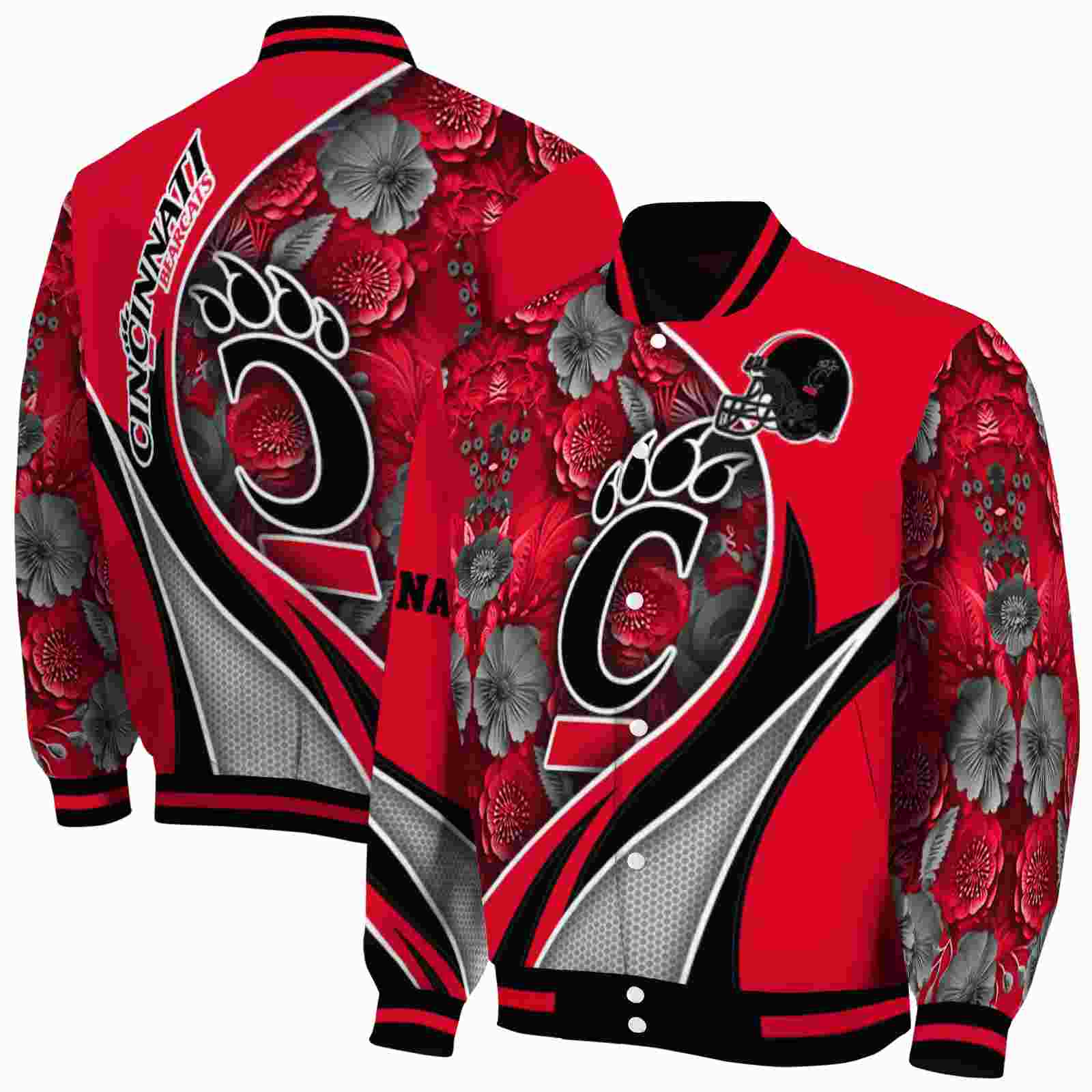 NcaaPersonalized Cincinnati Bearcats Floral Print Red Custom Baseball Jacket Sport Fans Gear