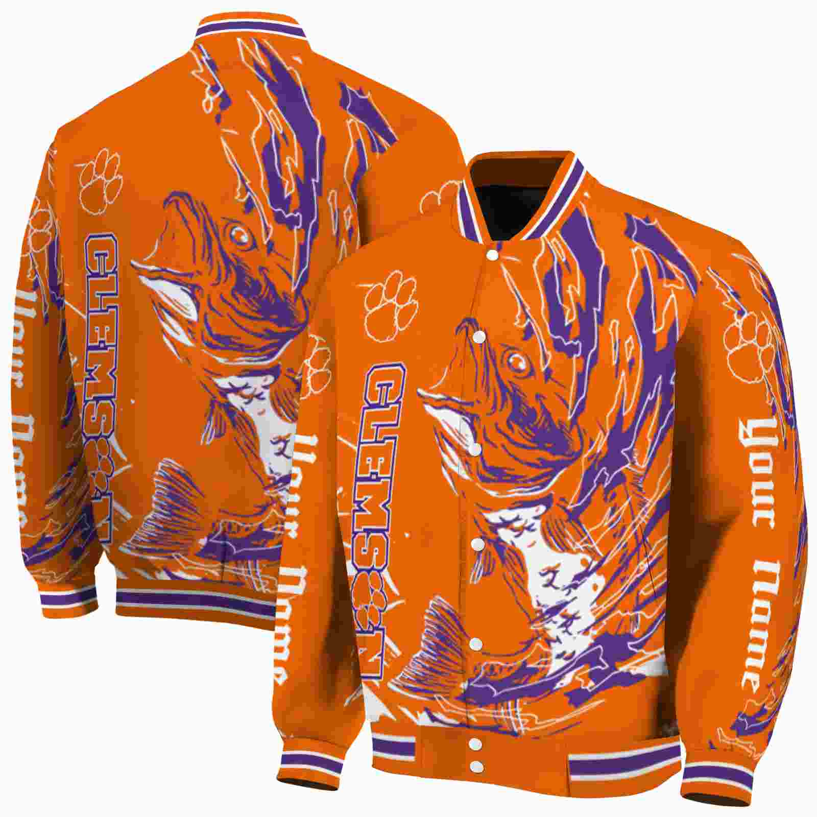 NcaaPersonalized Clemson Tigers Fishing Passion Orange White Custom Baseball Jacket Sport Fans Gear