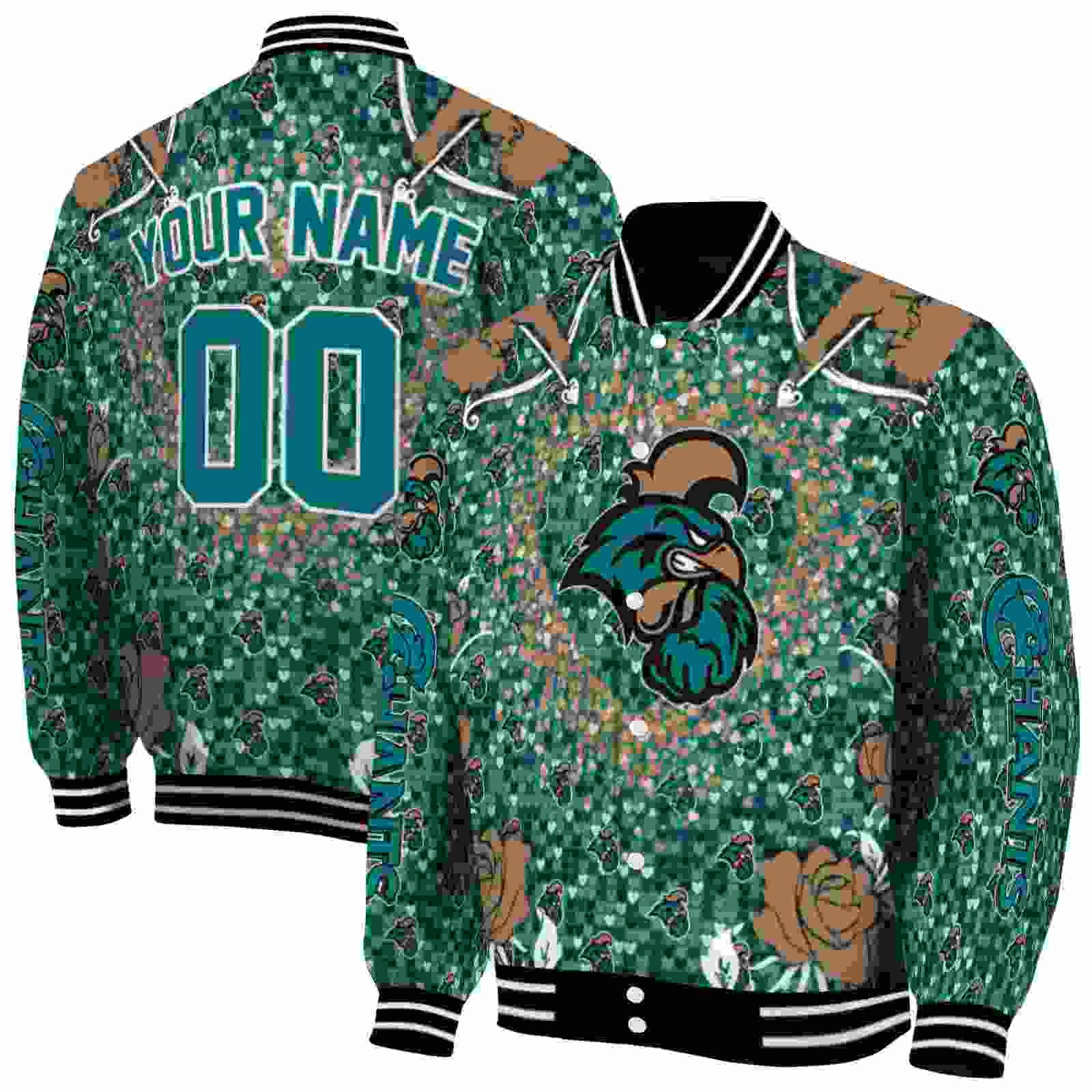 NcaaPersonalized Coastal Carolina Chanticleers Heart Explosion Green Custom Baseball Jacket Sport Fans Gear