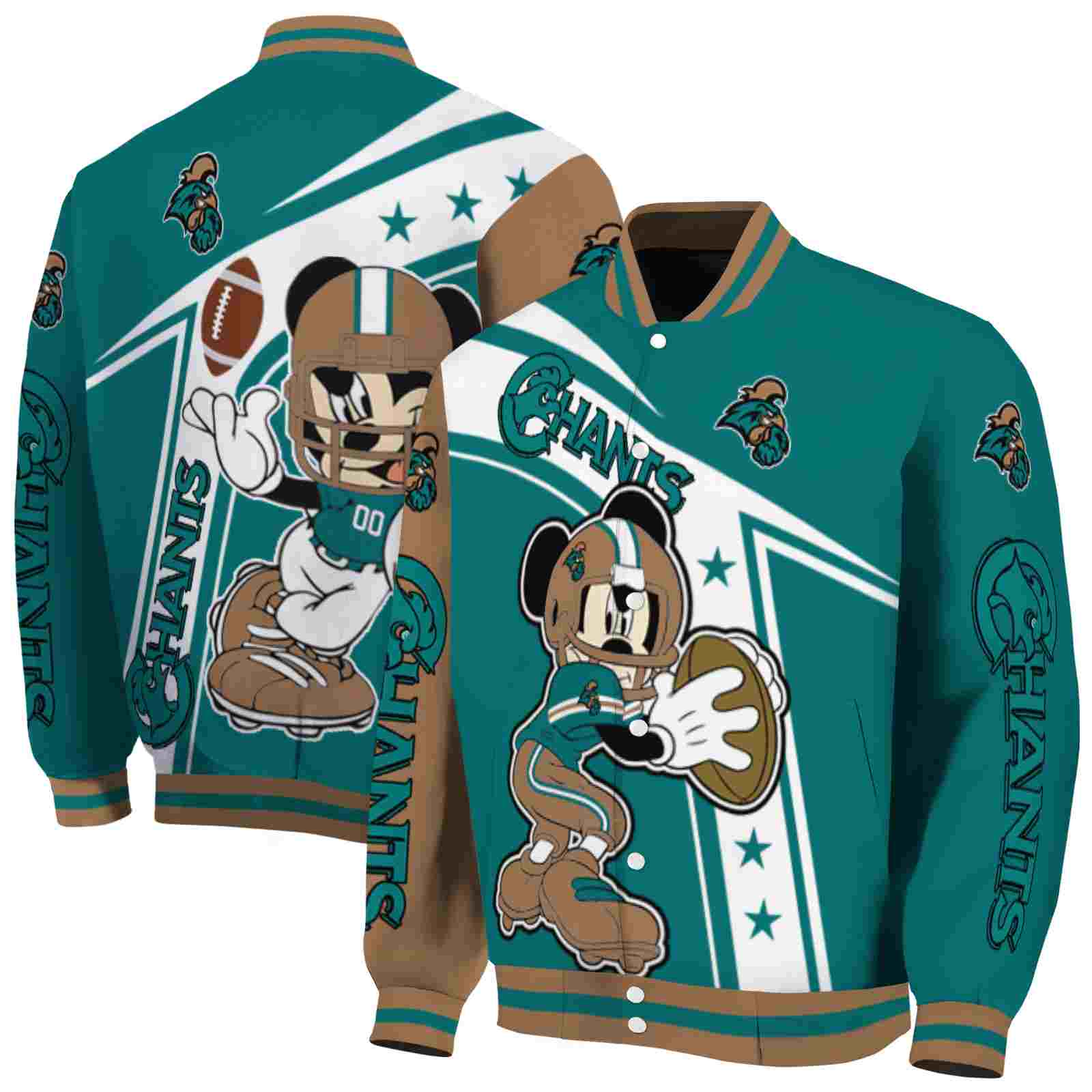 NcaaPersonalized Coastal Carolina Chanticleers Mickey Football Green White Custom Baseball Jacket Sport Fans Gear