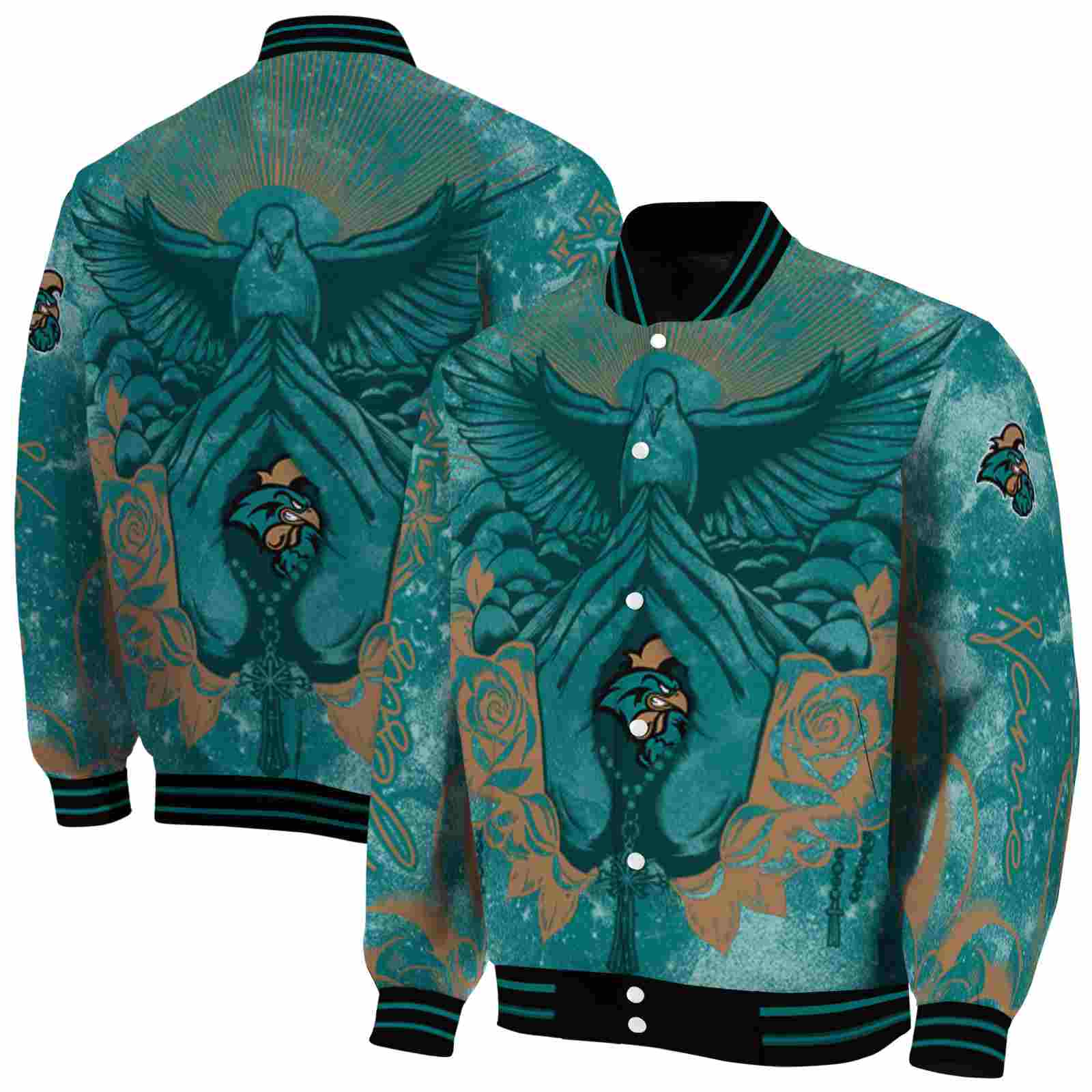 NcaaPersonalized Coastal Carolina Chanticleers Praying Hands Green Custom Baseball Jacket Sport Fans Gear