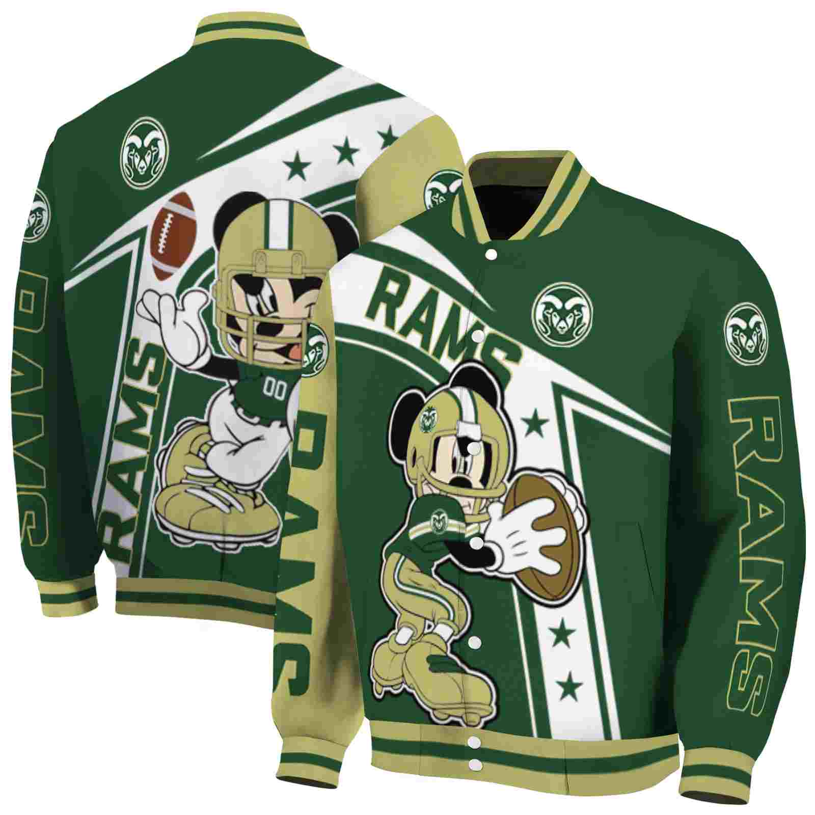 NcaaPersonalized Colorado State Rams Mickey Football Green White Custom Baseball Jacket Sport Fans Gear